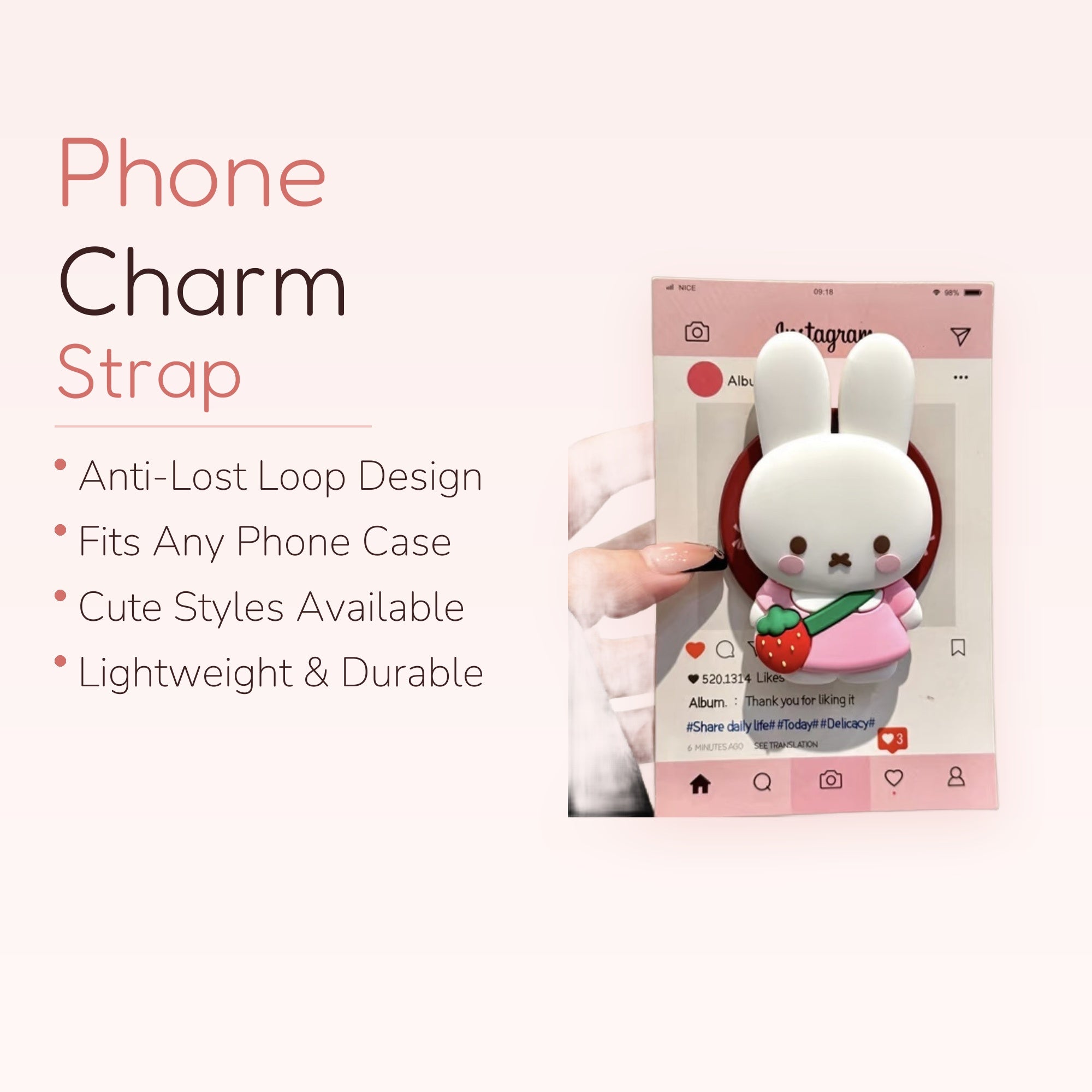 Kawaii White Bunny Phone Grip | Cute Strawberry Pop Socket Stand