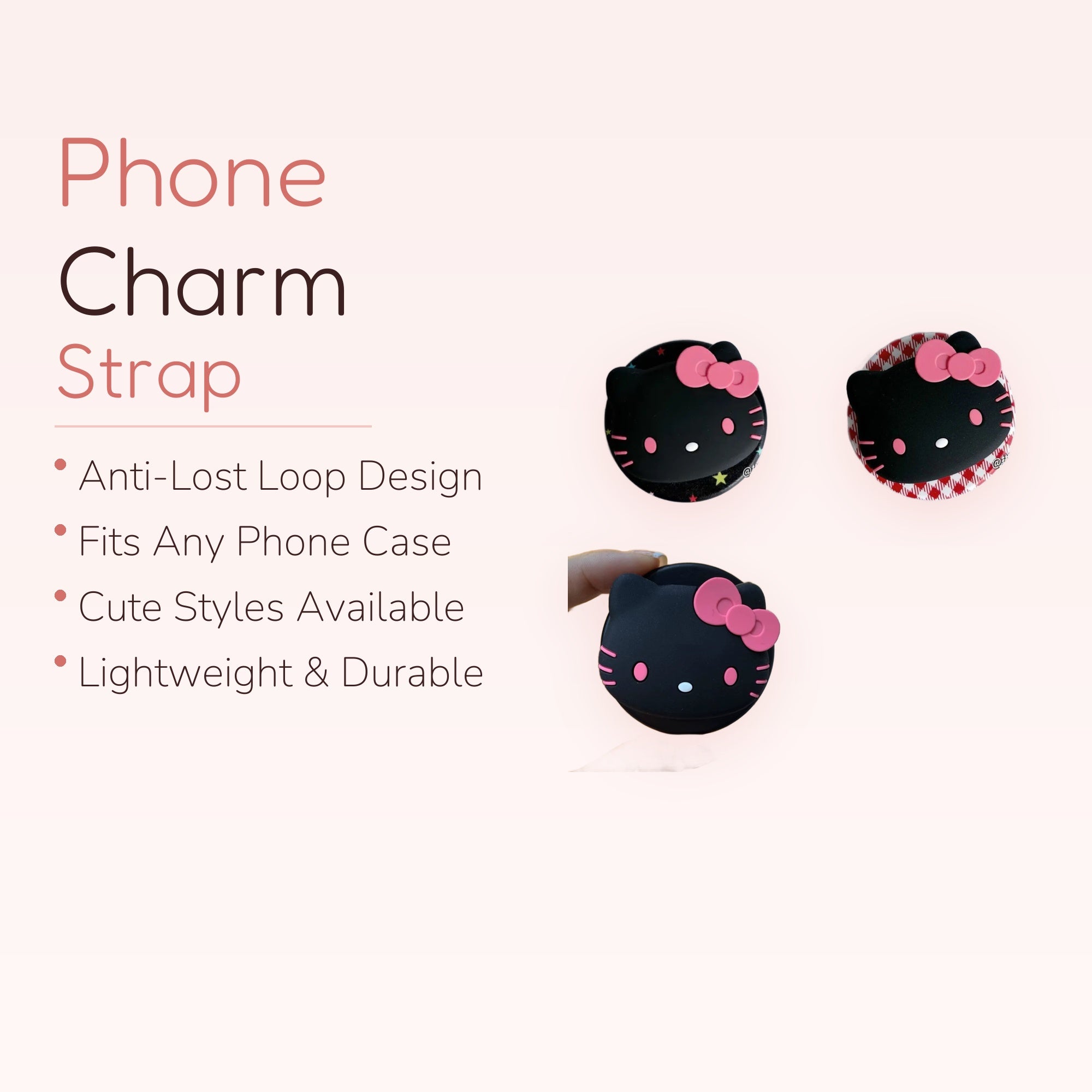 Black Hello Kitty Phone Grip with Pink Bow | Cute Pop Socket Stand