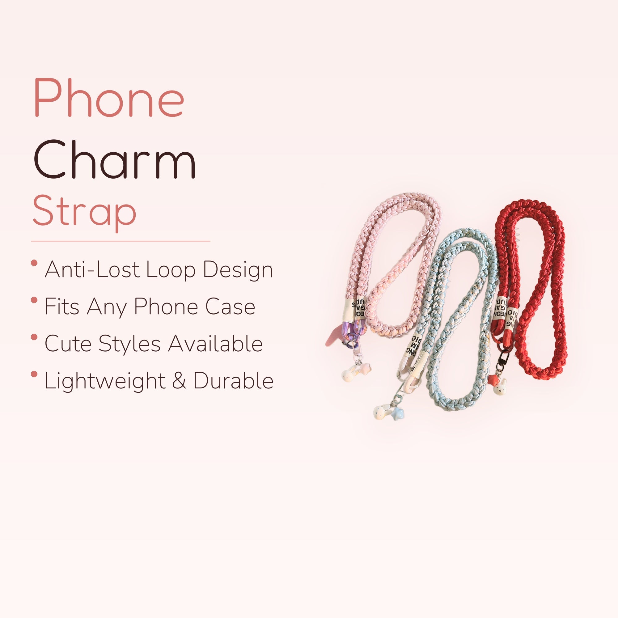 Braided Rope Phone Lanyard | Pastel Pink Blue Red Crossbody Strap with Charms