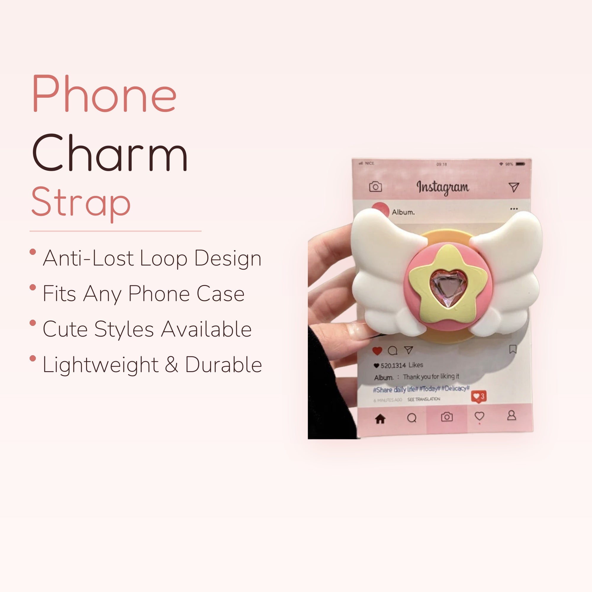 Kawaii Angel Wing Star Phone Grip | Pink Heart Gem Pop Socket Stand