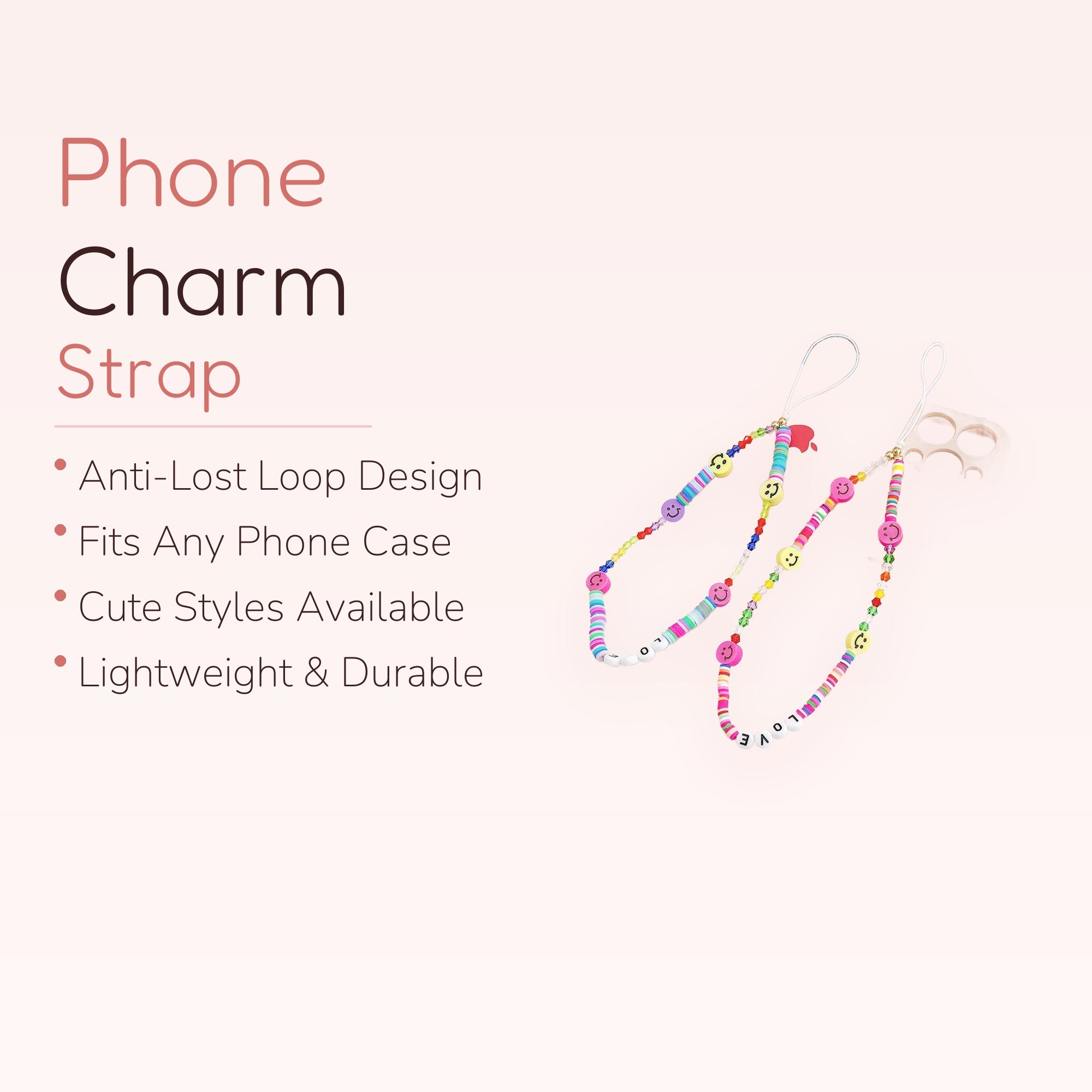 Colorful Smiley Face Beaded Phone Charm | Y2K Rainbow Clay Bead Wrist Strap