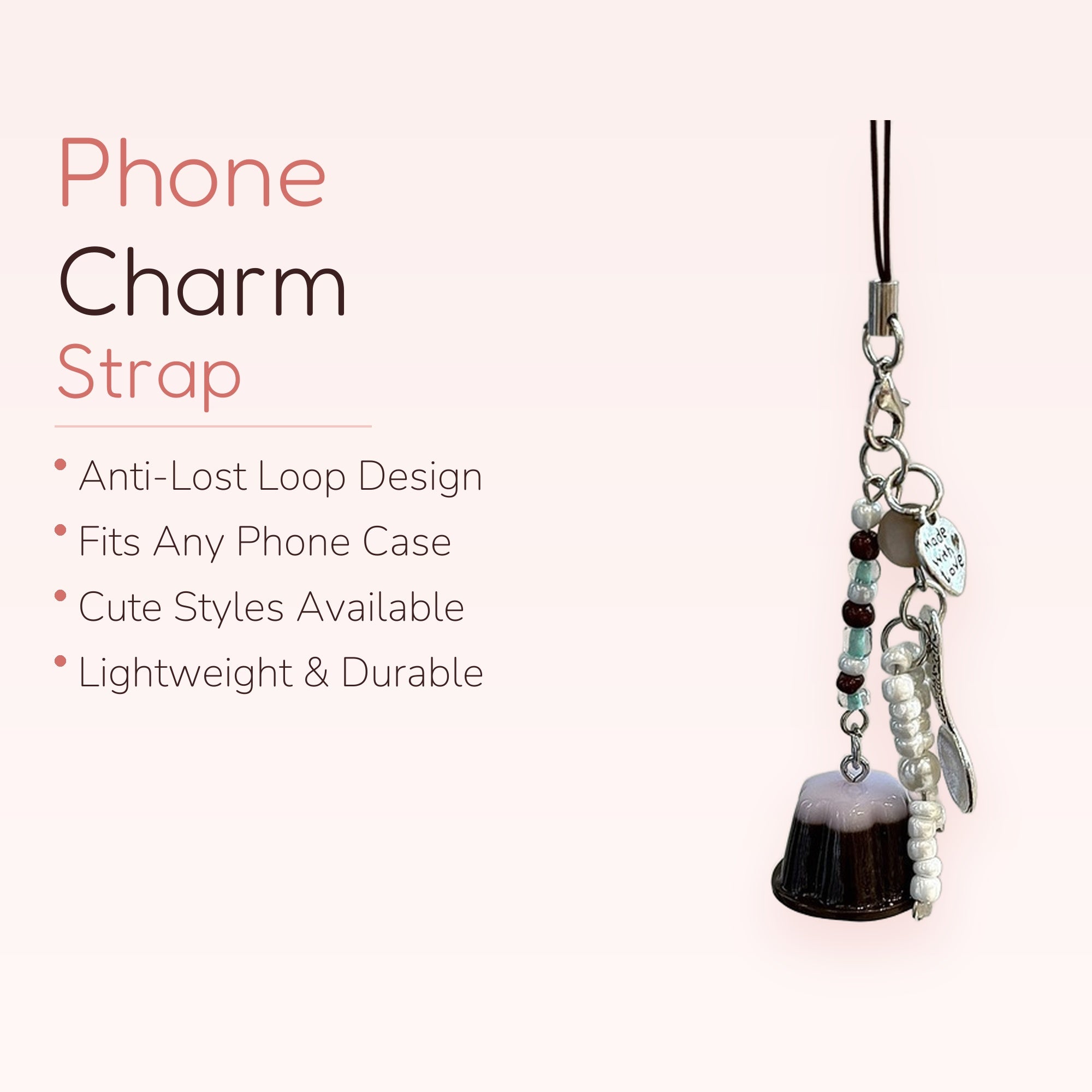 Cute Coffee Pudding Phone Charm | Aesthetic Beaded Strap with Spoon & Heart