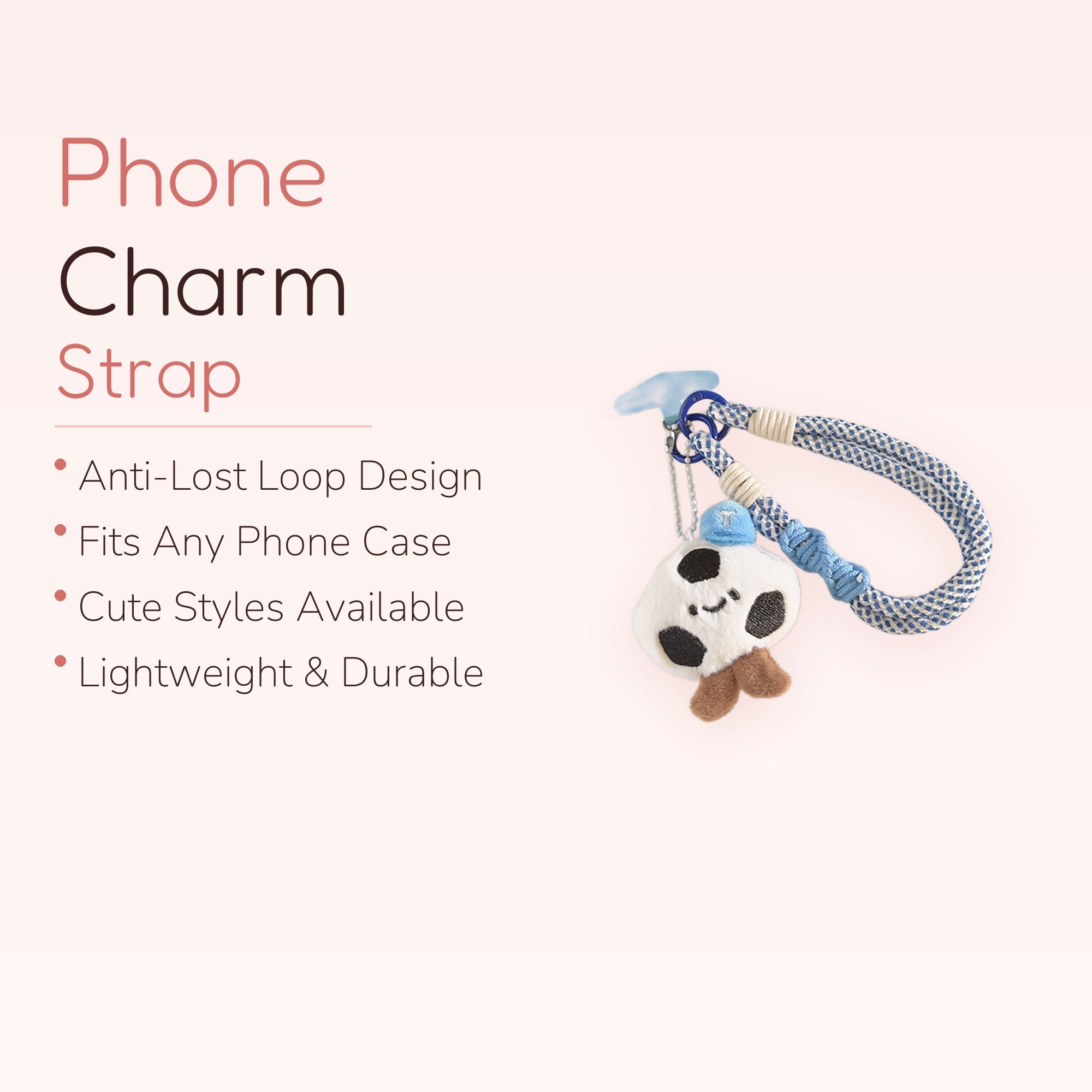 Cute Panda Plush Phone Charm Strap | Blue Braided Wrist Lanyard
