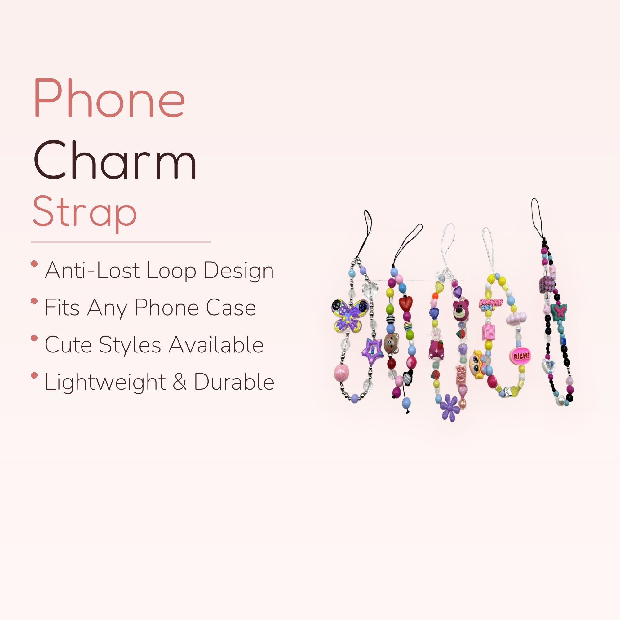 Kawaii Beaded Phone Charm Straps | Pastel Y2K Aesthetic Wrist Lanyards