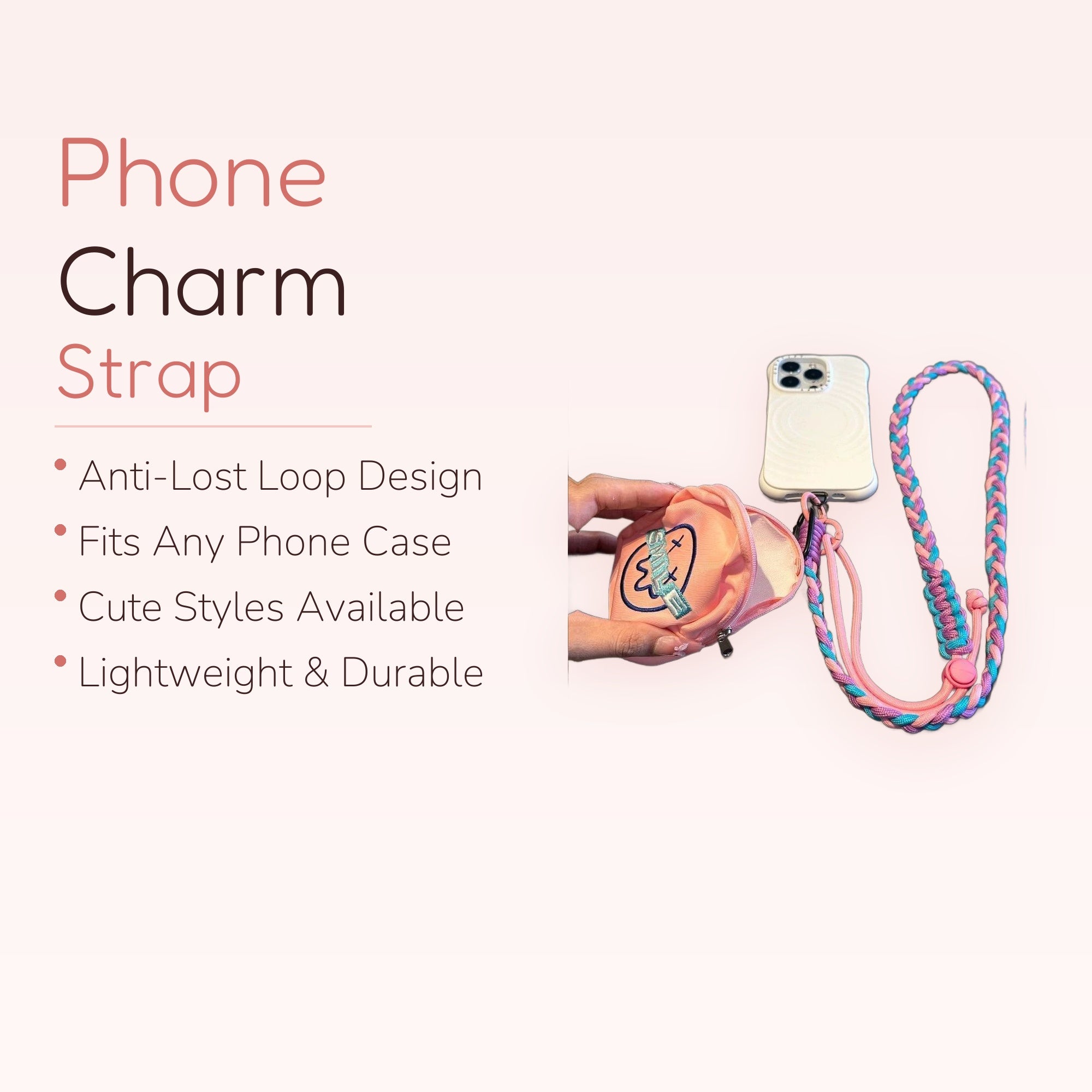Braided Pastel Pink, Purple & Blue Phone Lanyard with Mini Pouch | Aesthetic Crossbody Strap