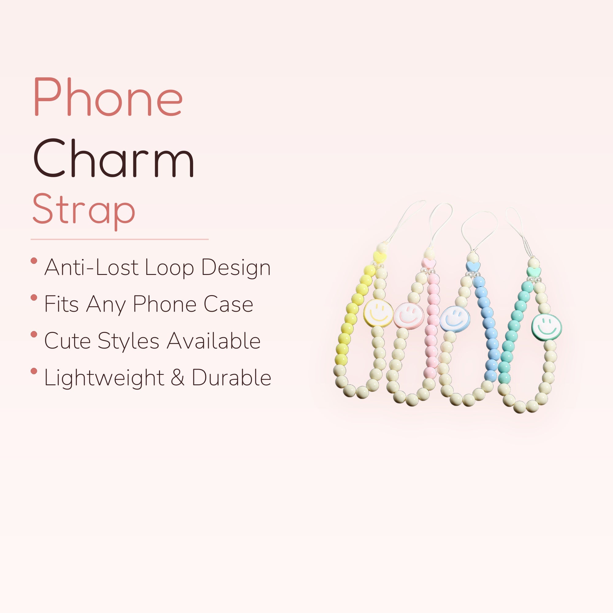 Kawaii Smiley Face Beaded Phone Charm Strap | Pastel Wrist Lanyard | Cute Y2K Aesthetic | Gift for Her | Trendy Phone Accessory