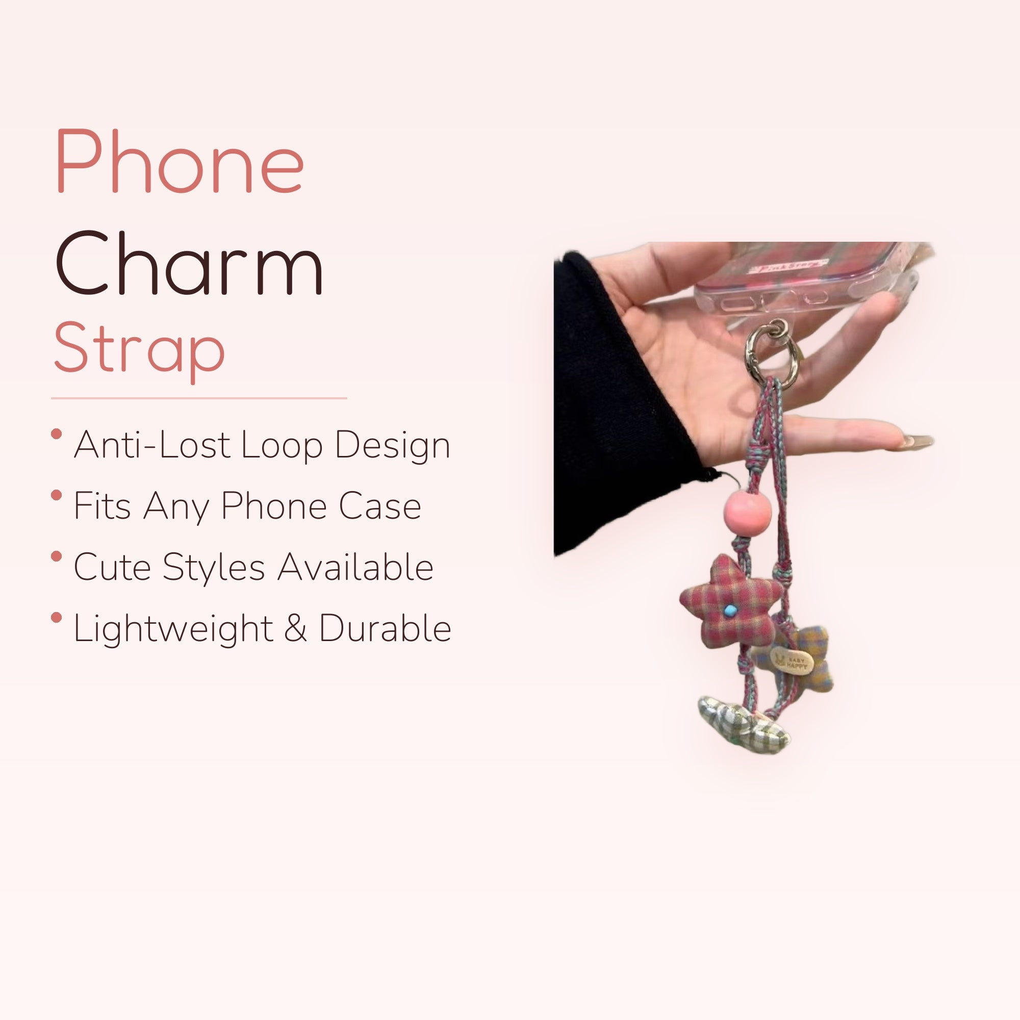 Plaid Star & Butterfly Phone Charm | Cute Fabric Keychain Wrist Strap