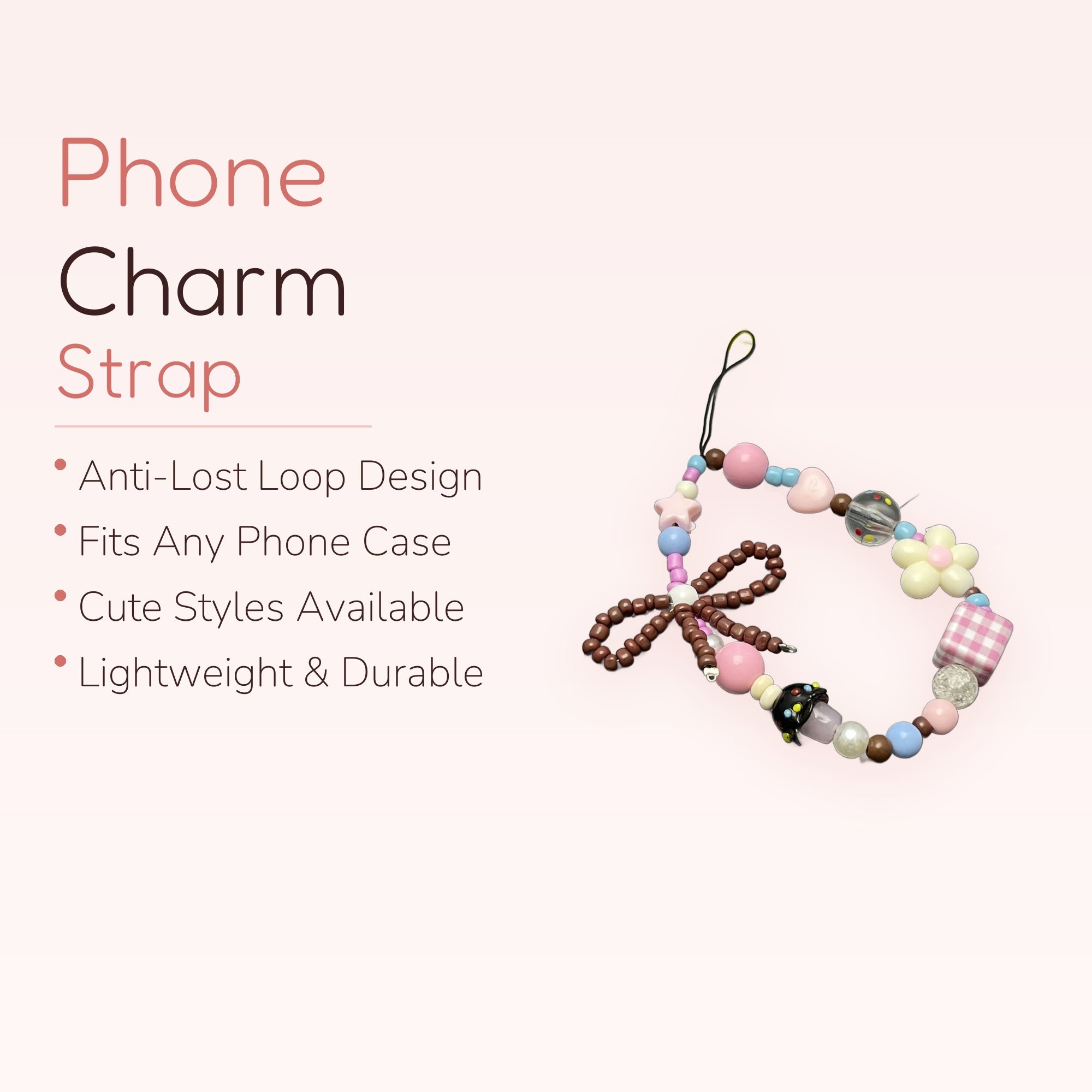 Pastel Beaded Phone Charm Strap | Kawaii Bow & Mushroom Wrist Lanyard