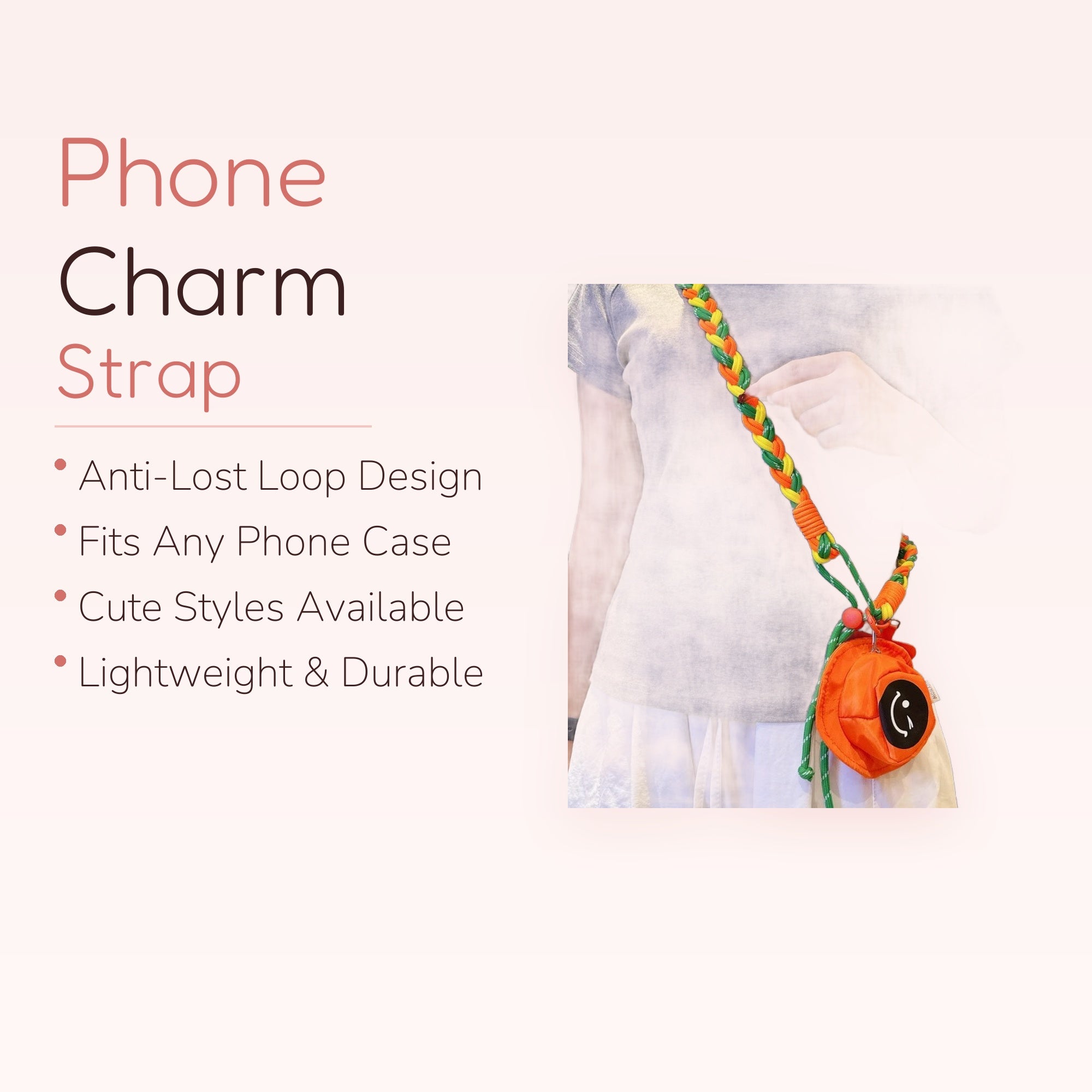 SIMPLYBUBBI — Braided Rainbow Cord Crossbody | Orange Smiley Ball Pouch Lanyard