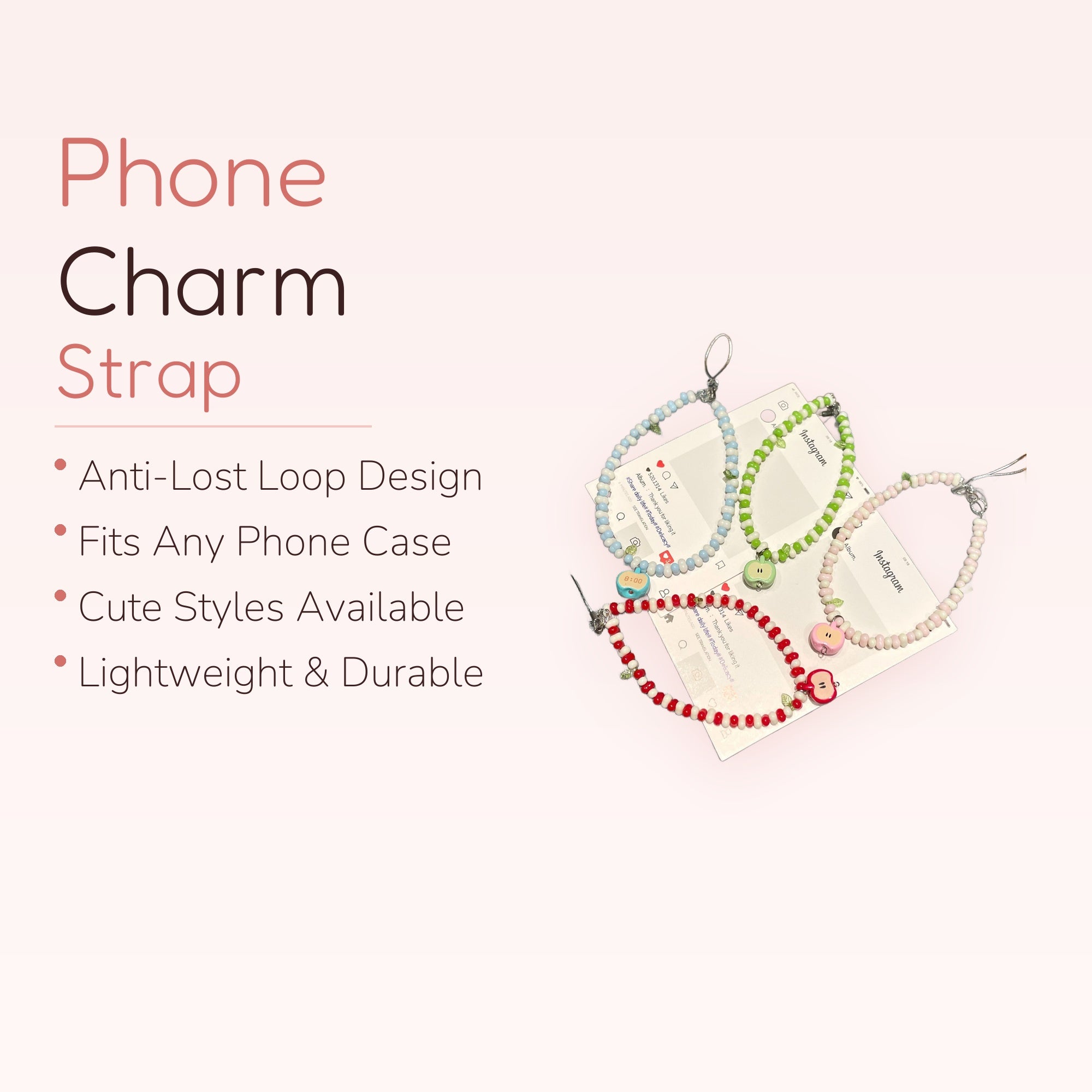 Kawaii Apple Beaded Phone Charm Strap | Pastel Fruit Wrist Lanyard
