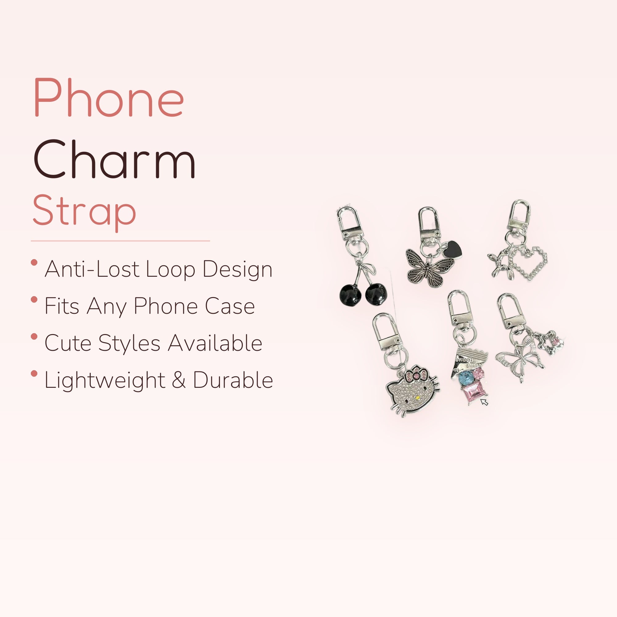 Y2K Silver Charm Phone Charm Set | Kawaii Butterfly Cherry Hello Kitty Charms