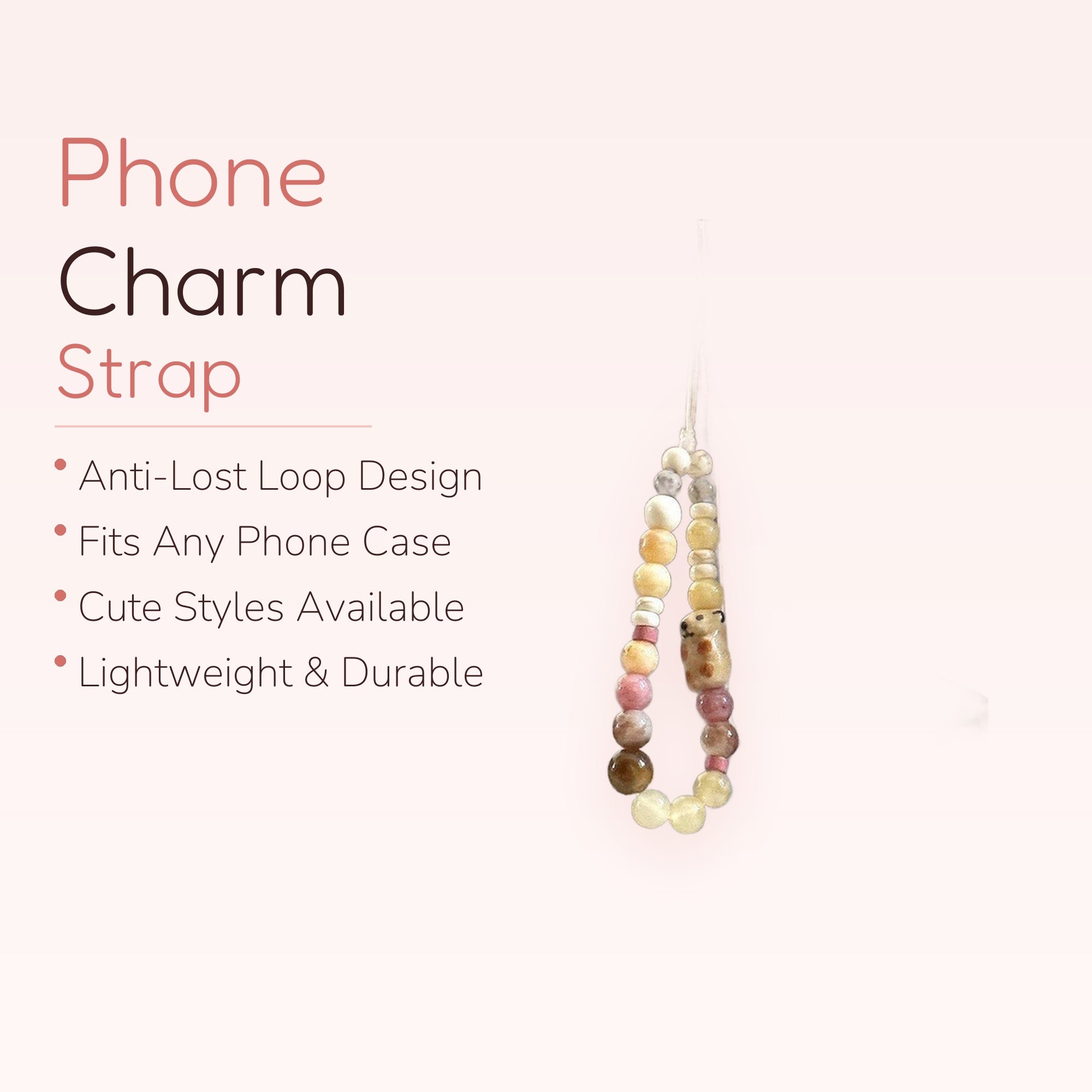 Aesthetic Beaded Phone Charm Strap with Bear Charm | Pastel Pink & Yellow Wrist Lanyard