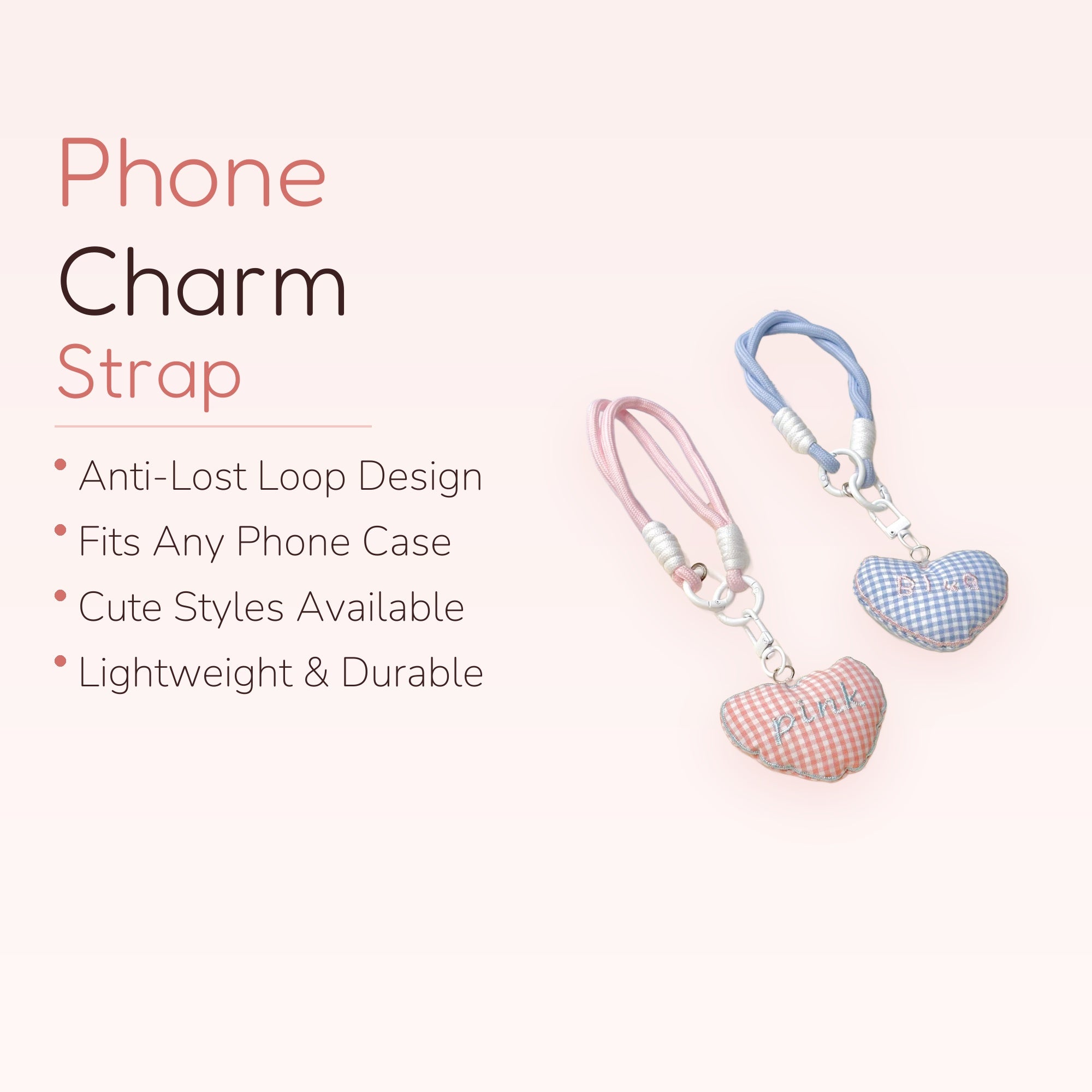 Cute Gingham Heart Phone Charm Wristlet | Pink & Blue Padded Strap