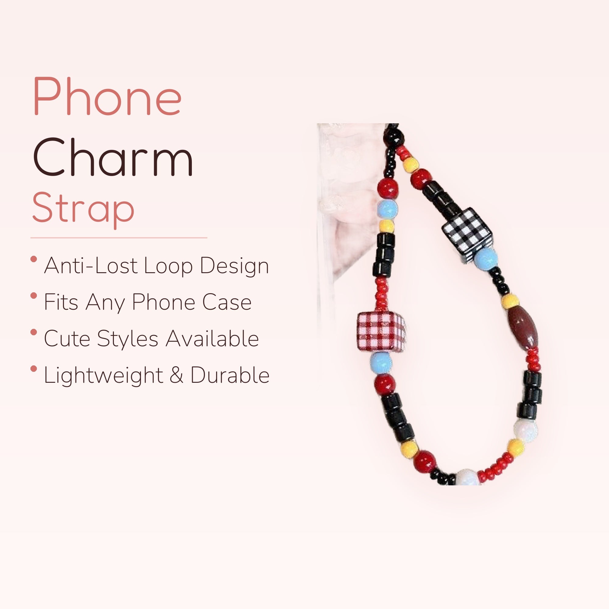 Y2K Checkered Cube & Beaded Phone Charm | Aesthetic Red Black Yellow Wrist Strap
