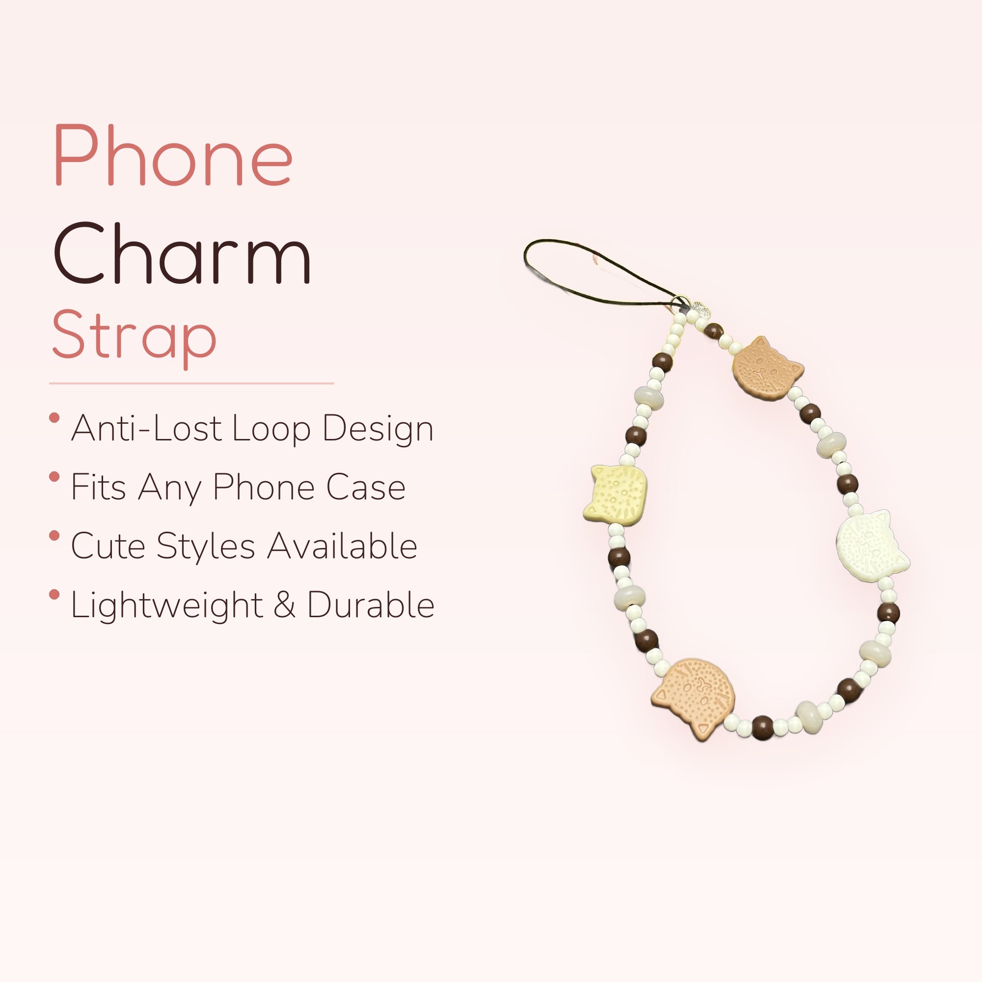 Cute Cat Cookie Beaded Phone Charm | Aesthetic Brown & Cream Wrist Lanyard