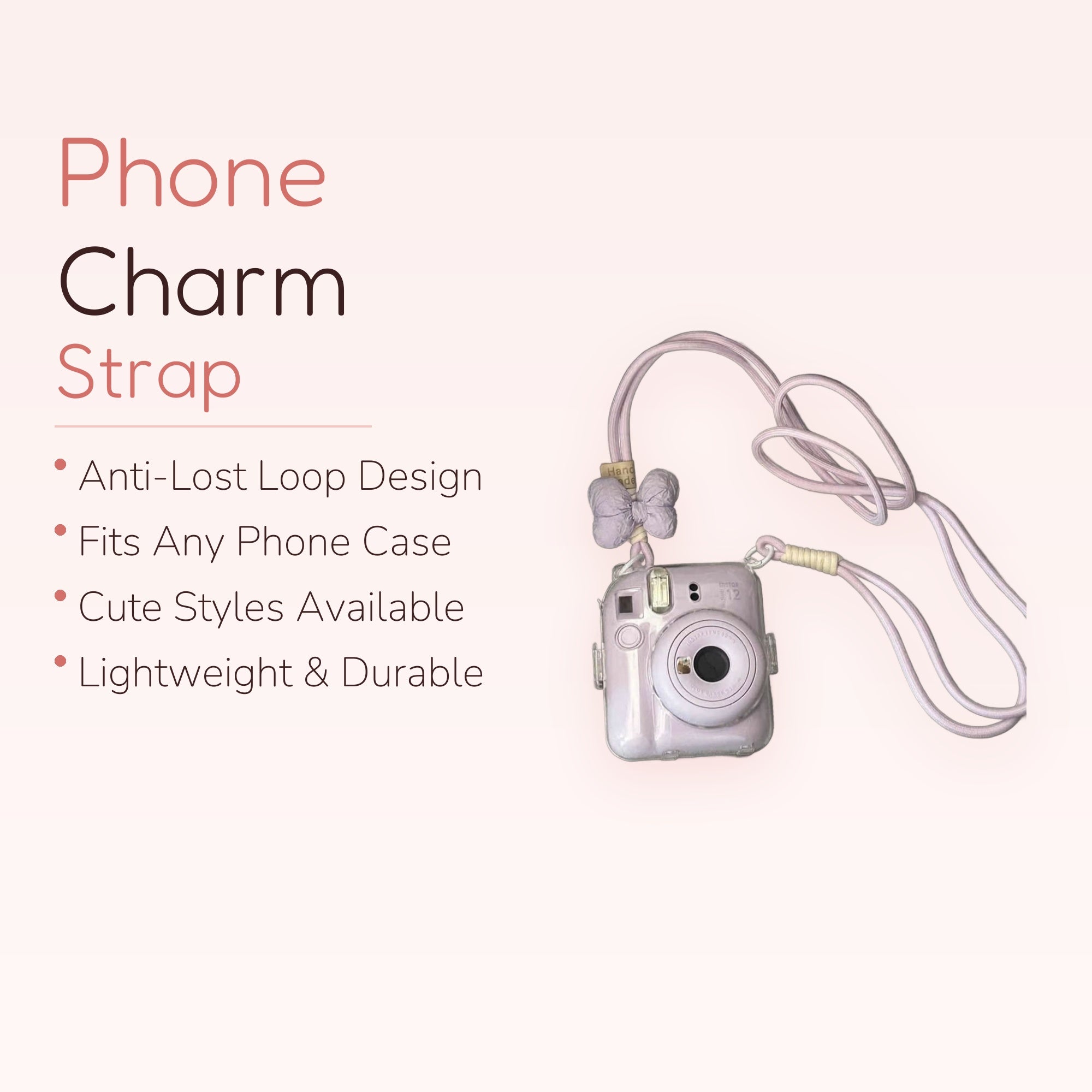 Lilac Bow & Handmade Tag Camera Lanyard | Cute Pastel Instax Mini Strap
