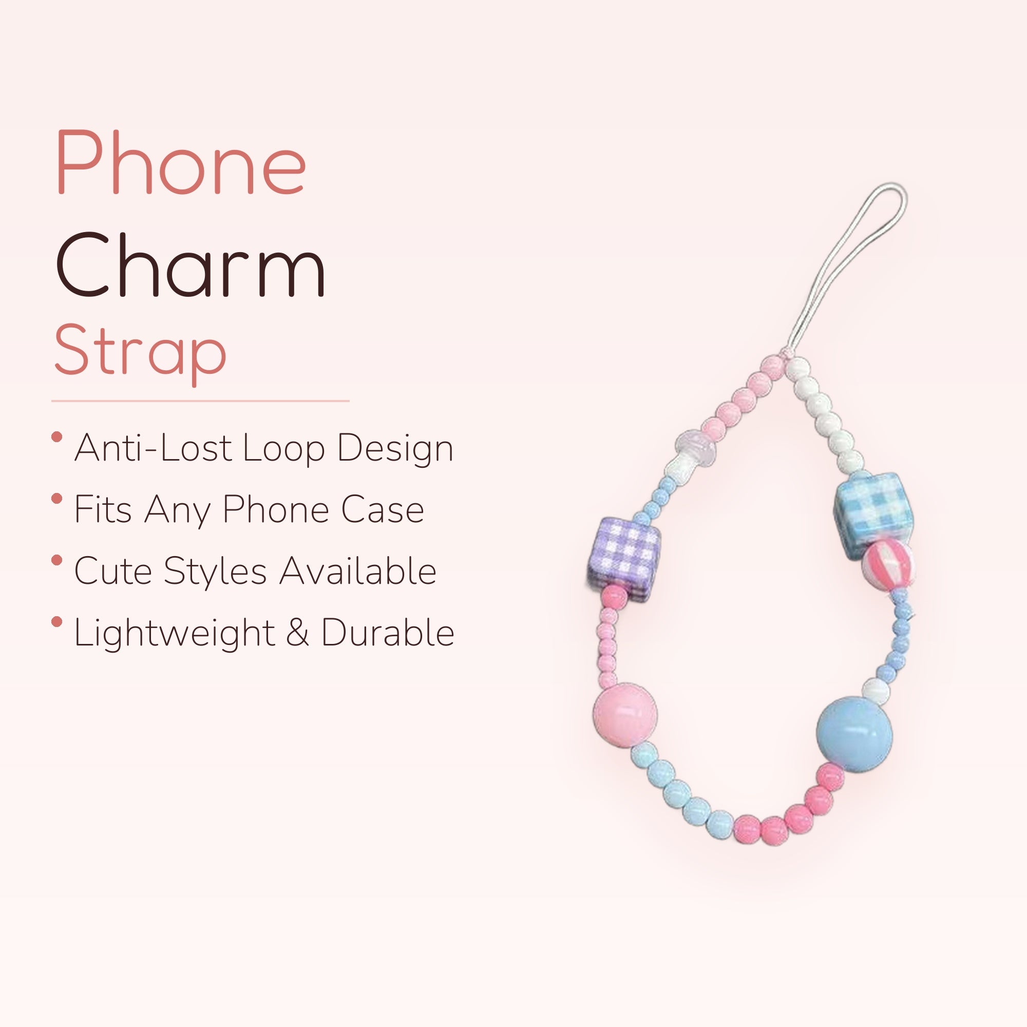 Pastel Beaded Phone Charm Strap | Cute Gingham Cube Wrist Lanyard