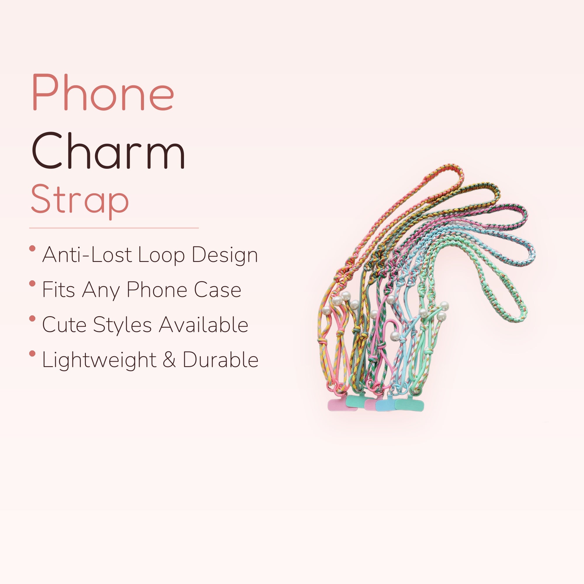 Kawaii Braided Rope Phone Lanyard with Pearl Accents | Pastel Macrame Phone Strap