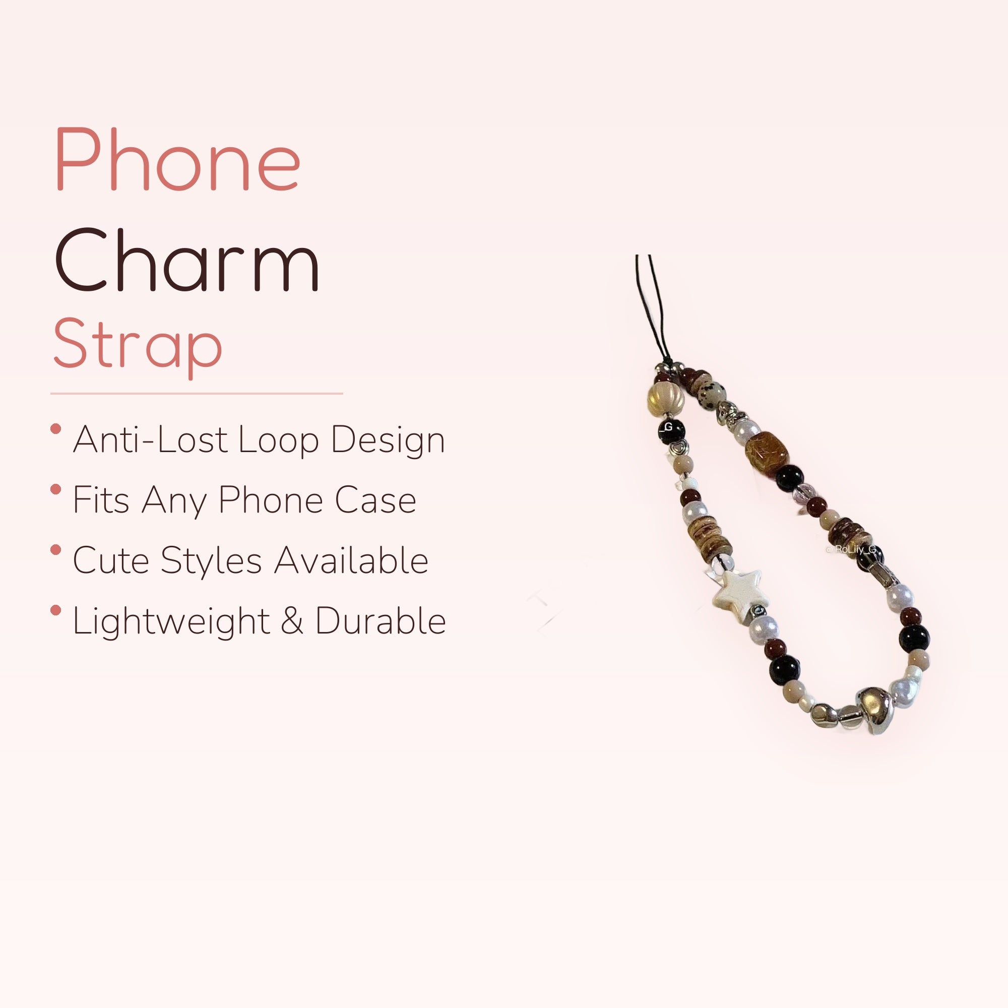 Aesthetic Neutral Beaded Phone Charm Strap | Earthy Toned Pearl & Star Lanyard