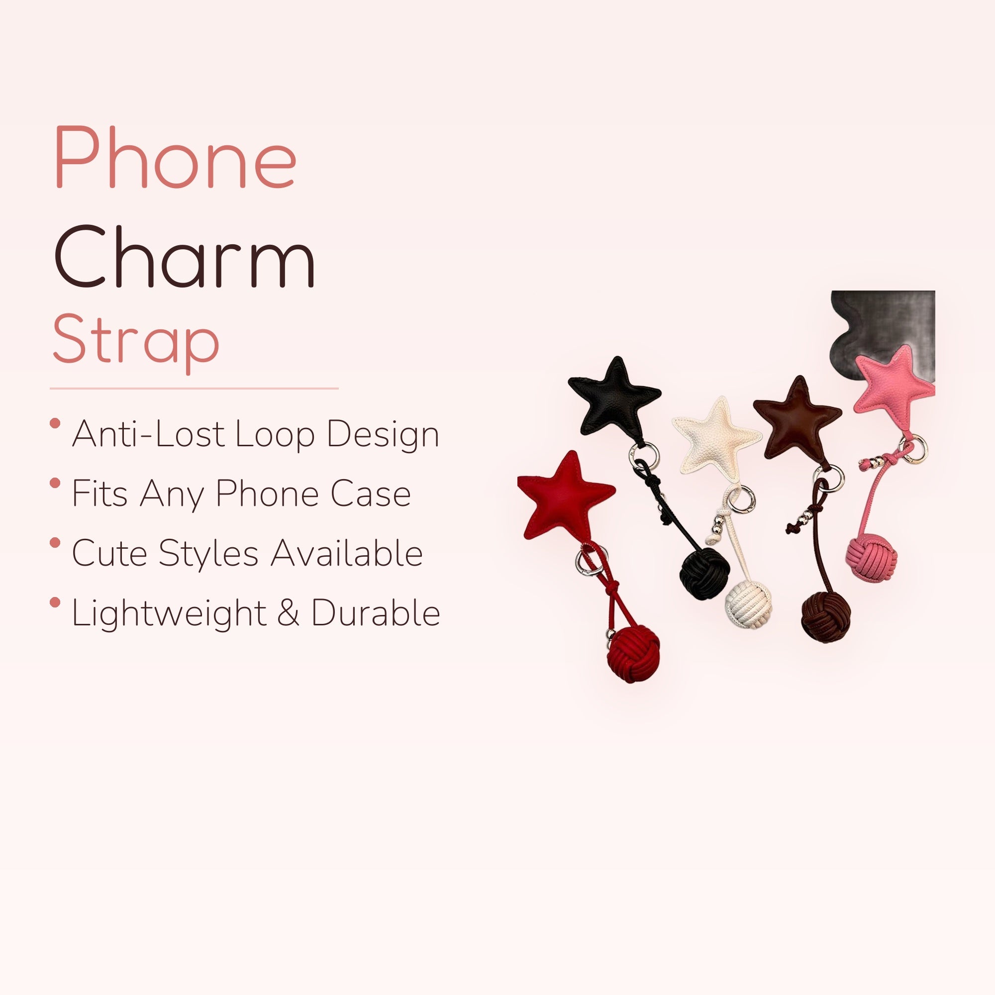 Kawaii Star Leather Phone Charm | Cute Braided Knot Wrist Strap