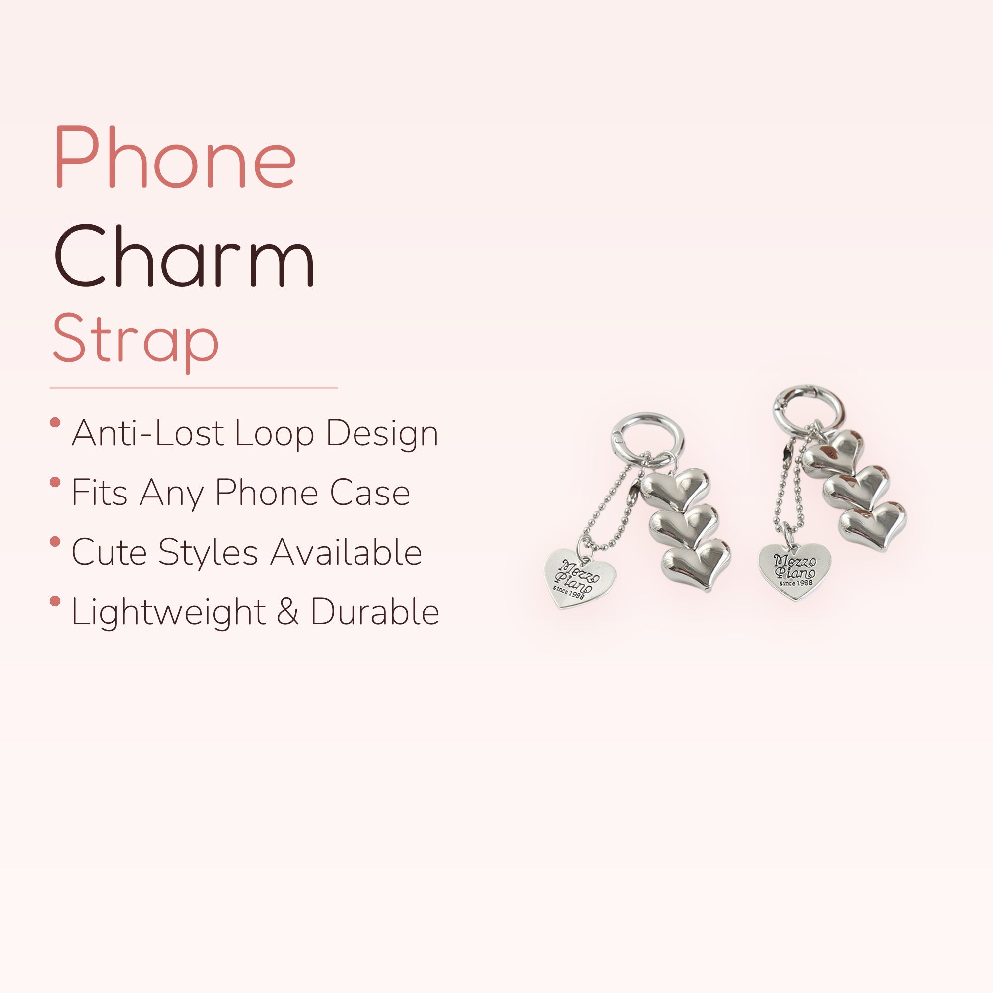 Silver Heart Phone Charm Keychain | Cute Mezzo Piano Lanyard
