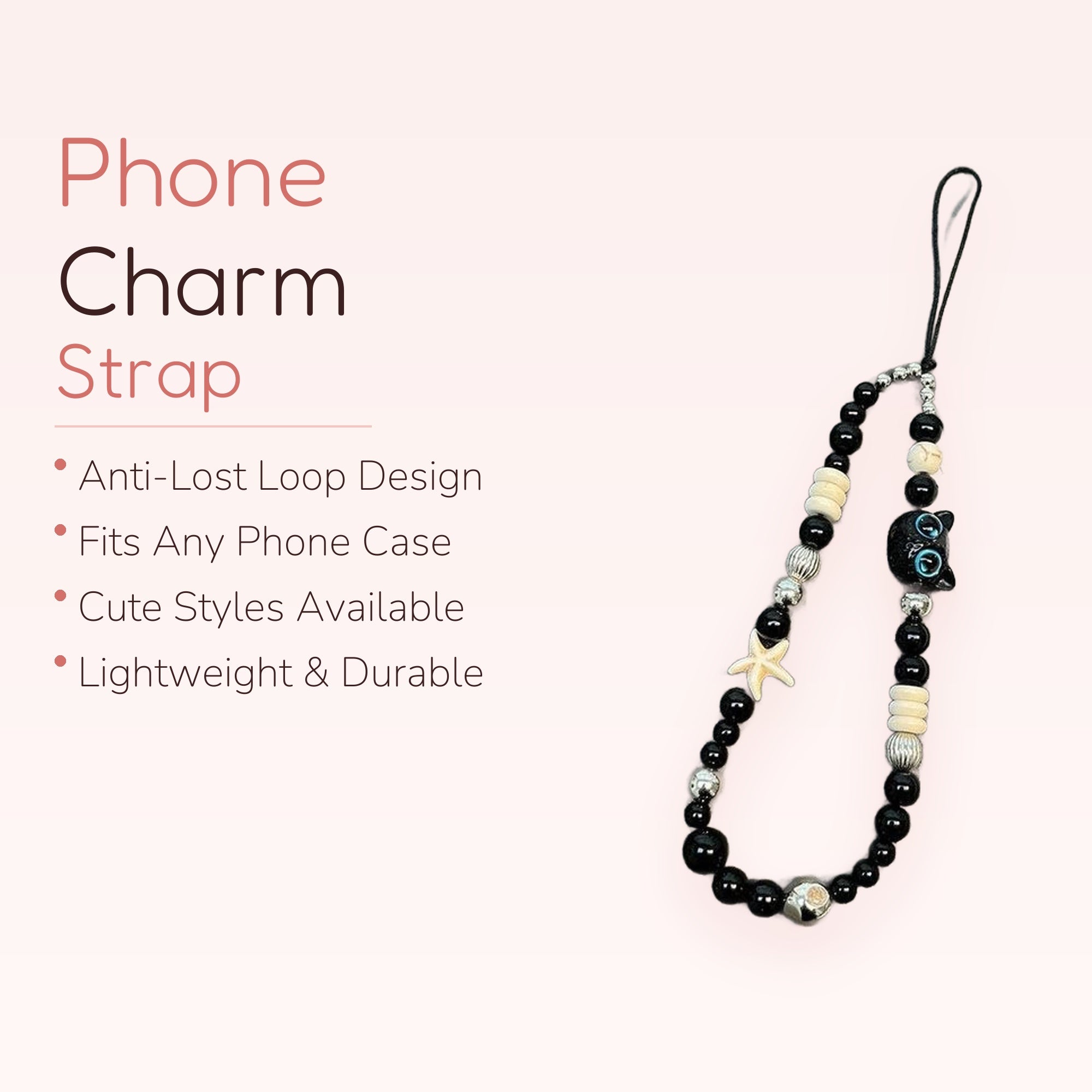 Black & White Beaded Phone Charm | Cute Starfish & Cat Wrist Strap