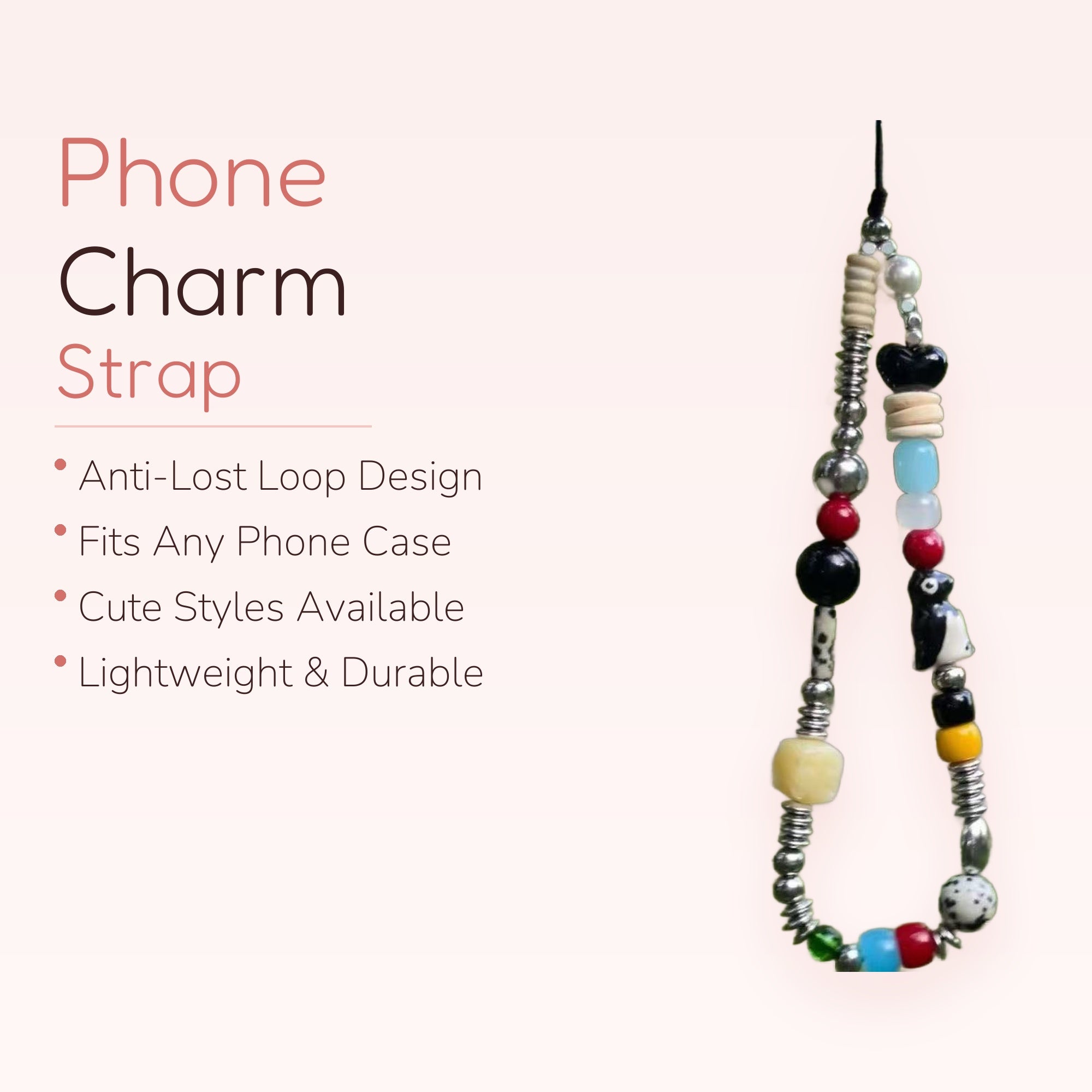 Cute Beaded Phone Charm Strap | Black Heart & Penguin Charm Lanyard