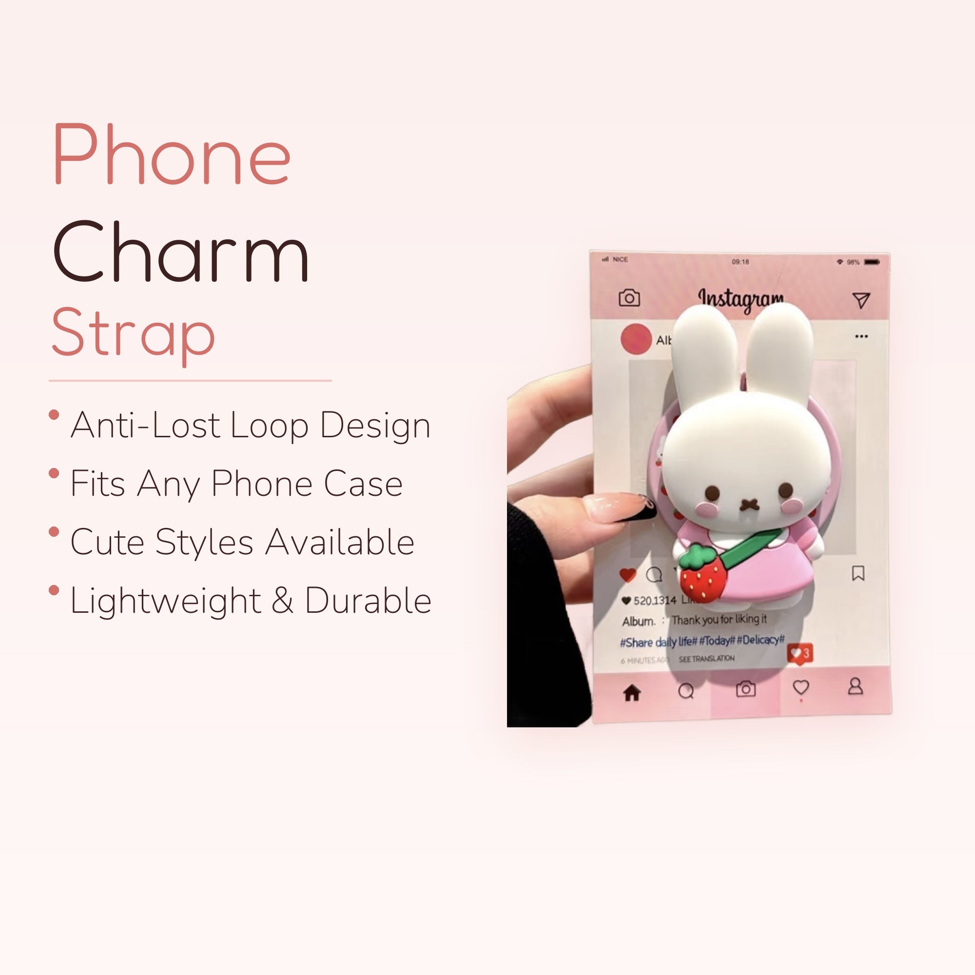 Cute White Bunny Phone Grip | Kawaii Strawberry Crossbody Pop Socket Stand
