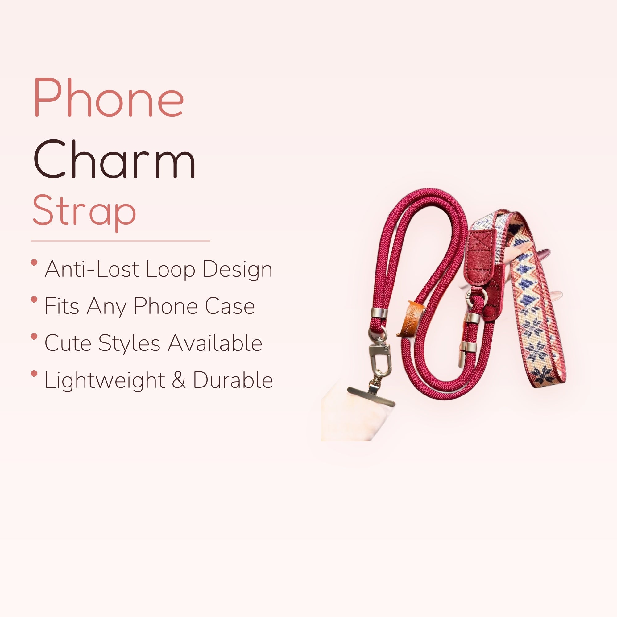 Maroon Rope & Embroidered Fabric Phone Lanyard | Aesthetic Crossbody Strap