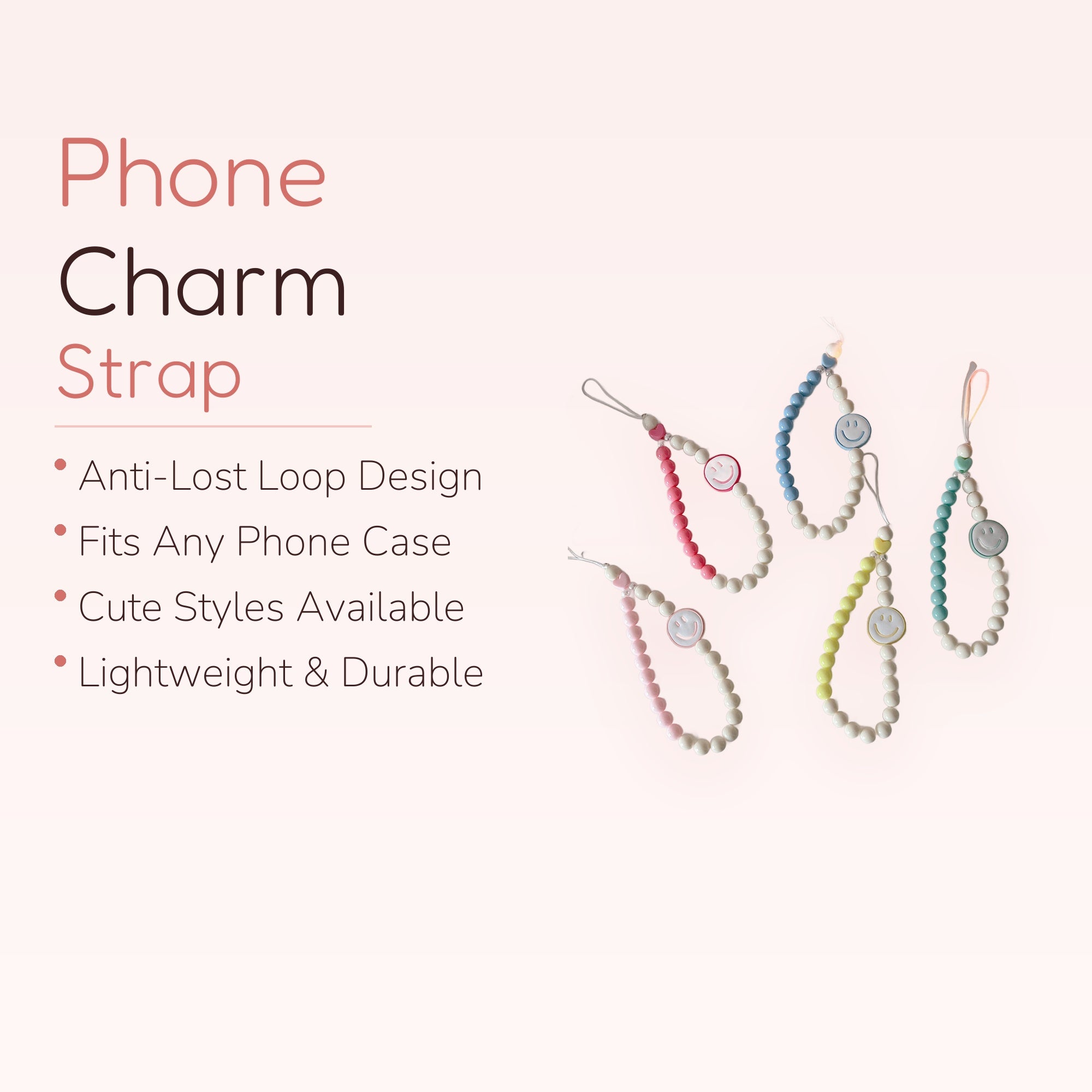 Kawaii Smiley Face Bead Phone Charm Strap | Pastel Wrist Lanyard | Cute Y2K Phone Accessory | Gift for Her | Aesthetic Phone Charm