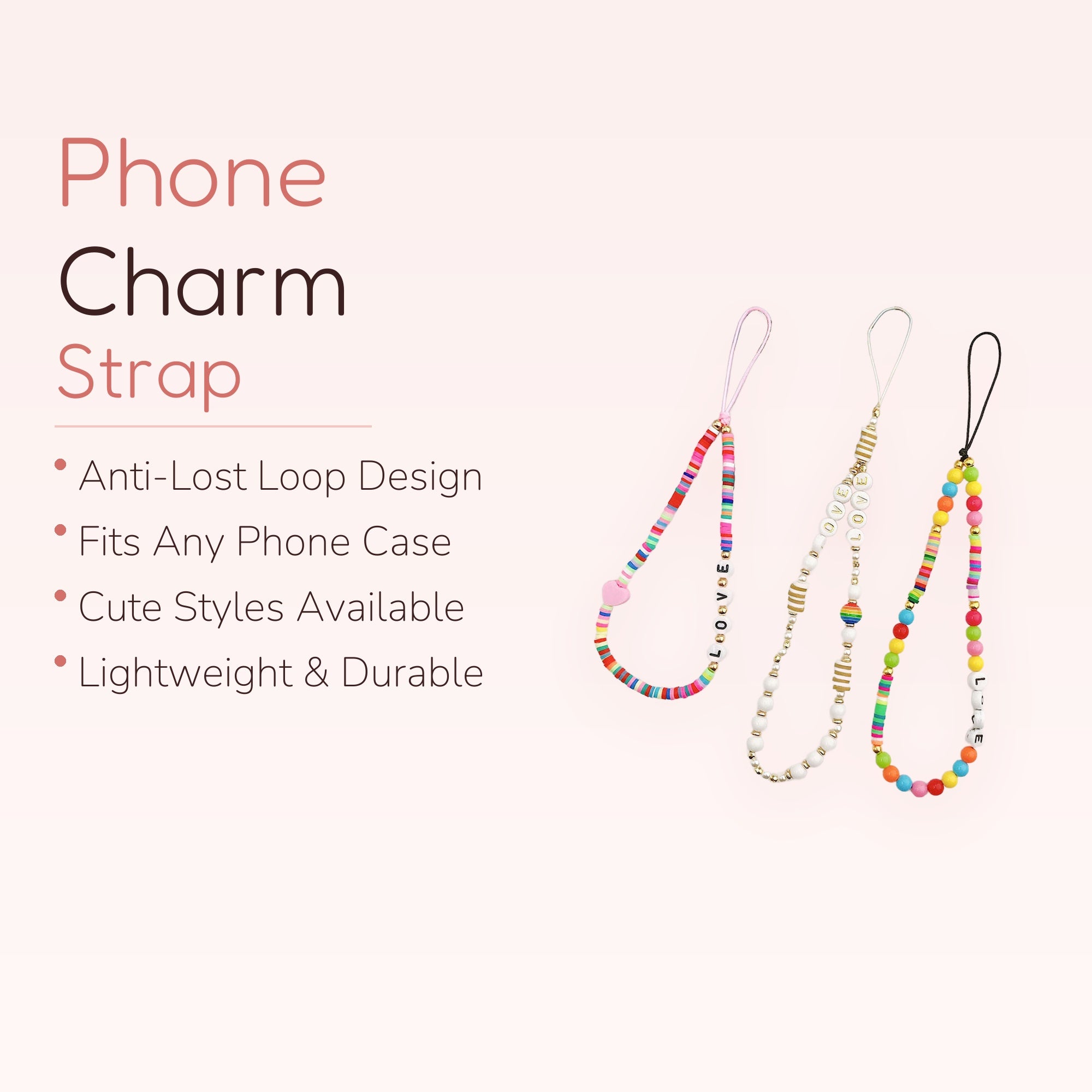 Aesthetic Beaded Phone Charm Strap with "LOVE" Letter Beads | Rainbow Clay Disc Wrist Lanyard