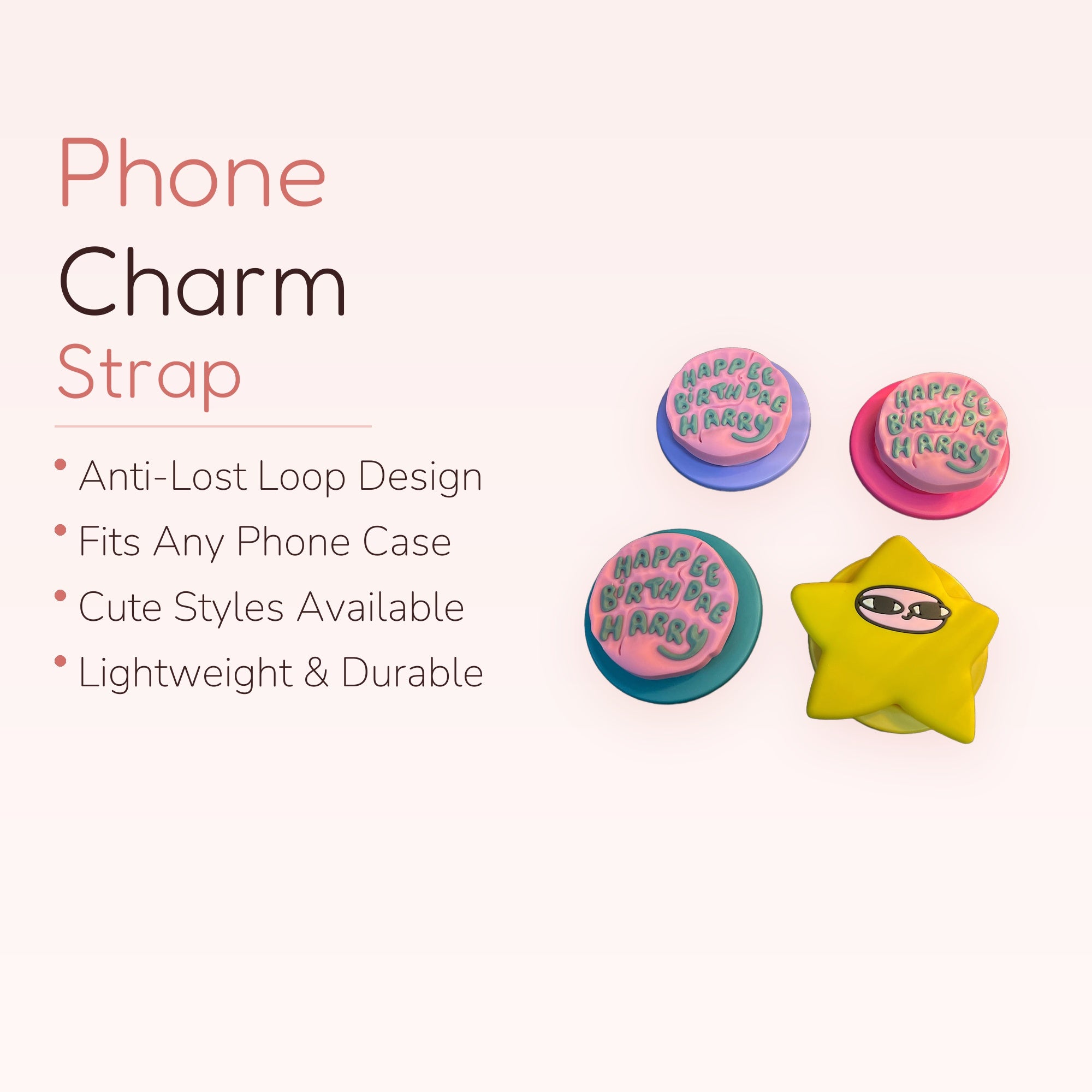 Kawaii Pink Birthday Cake & Yellow Star Phone Grips | Cute Pop Socket Stands