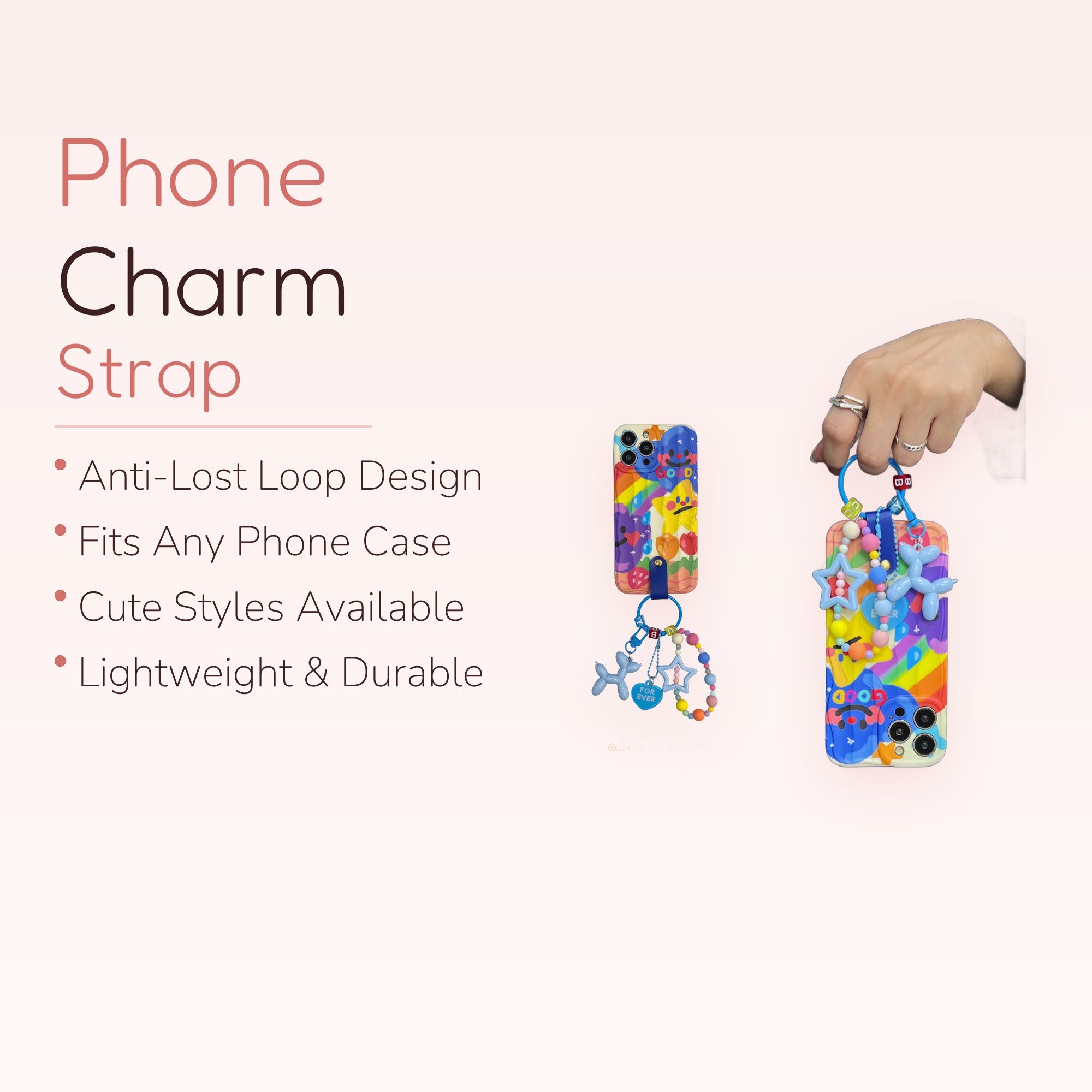 Kawaii Rainbow Doodle Phone Charm Strap | Cute Balloon Dog & Star Beaded Lanyard