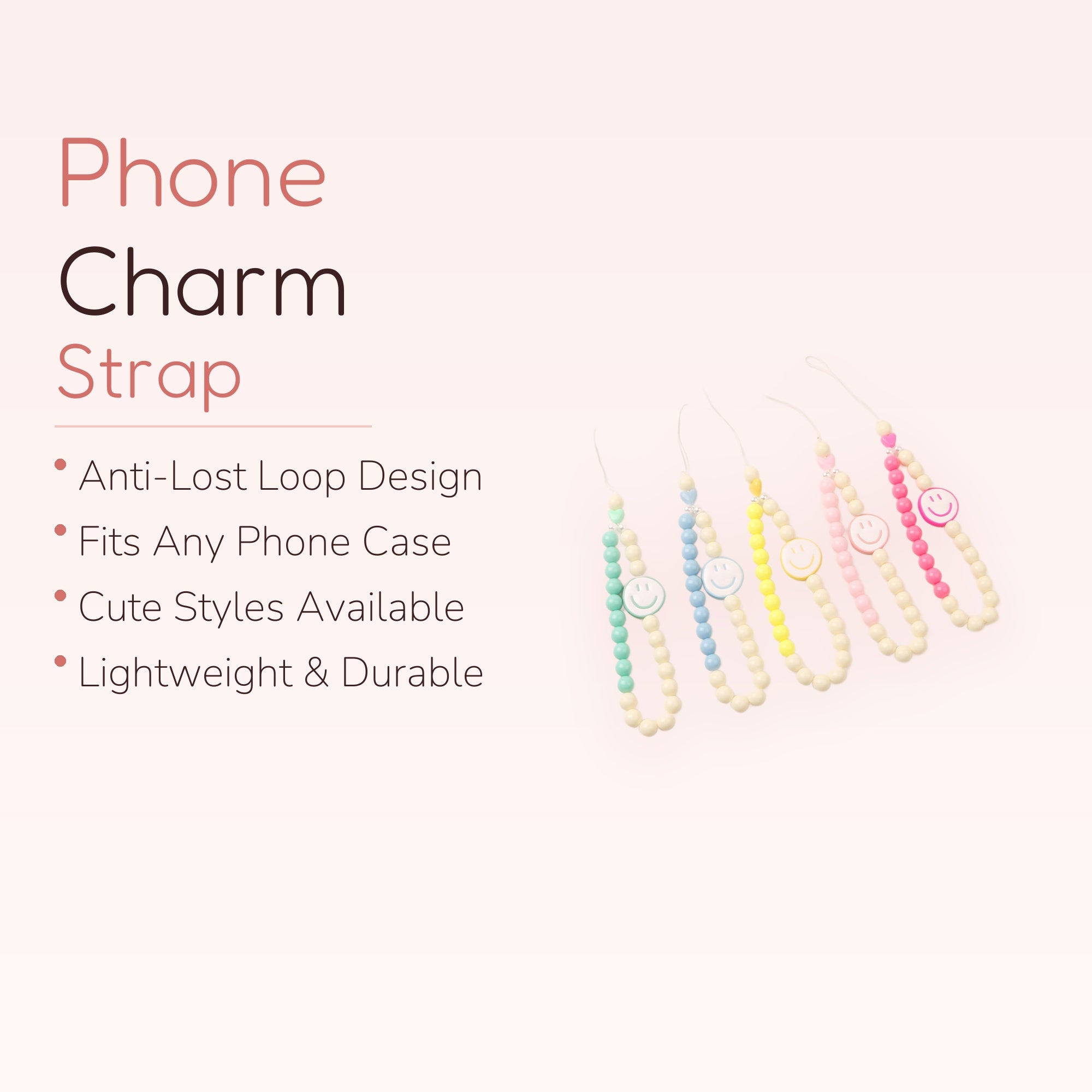 Kawaii Smiley Face Phone Charm Strap | Pastel Beaded Wrist Lanyard | Y2K Aesthetic | Cute Phone Accessory | Gift for Her
