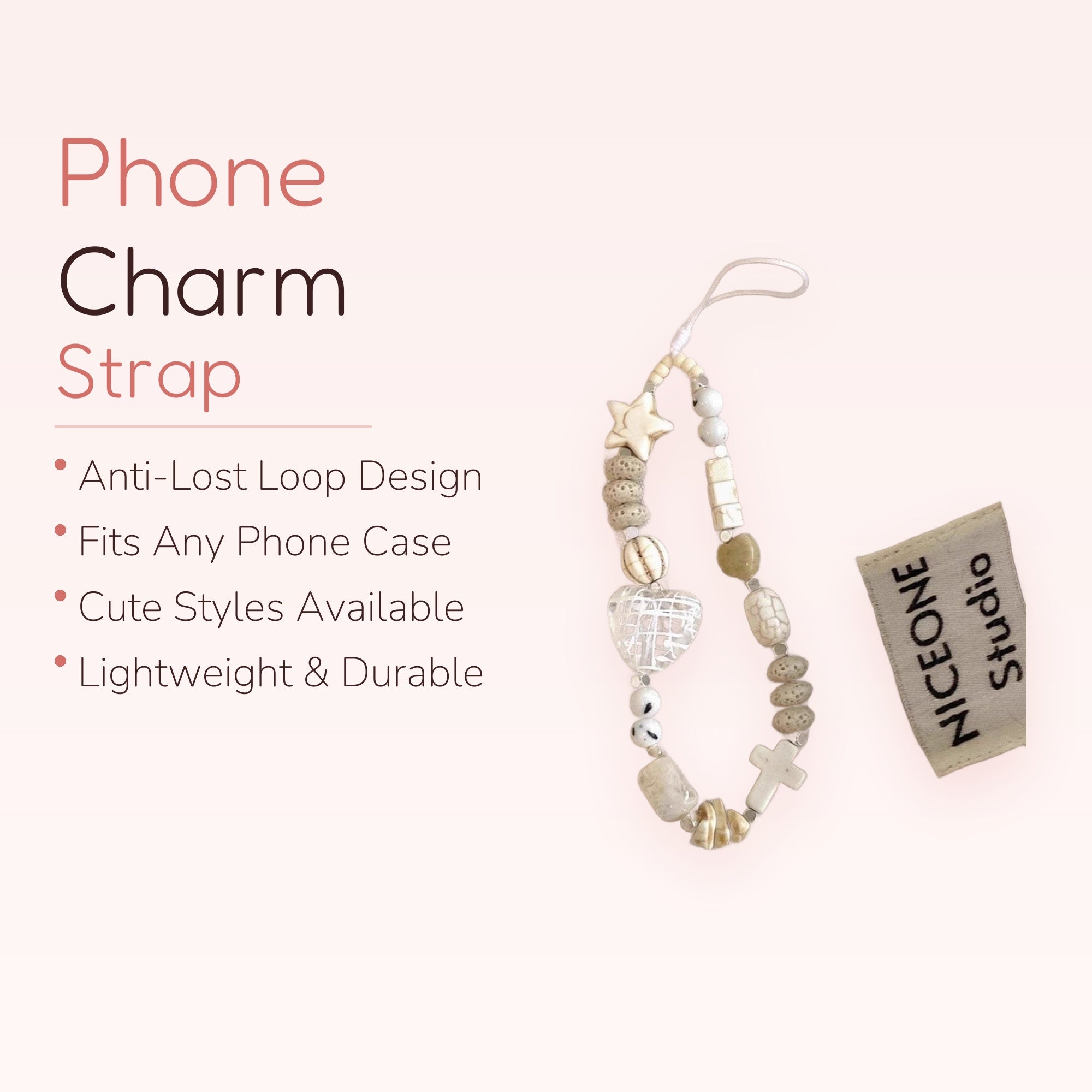 Aesthetic Neutral Beaded Phone Charm | Earthy Tone Star Heart Cross Strap