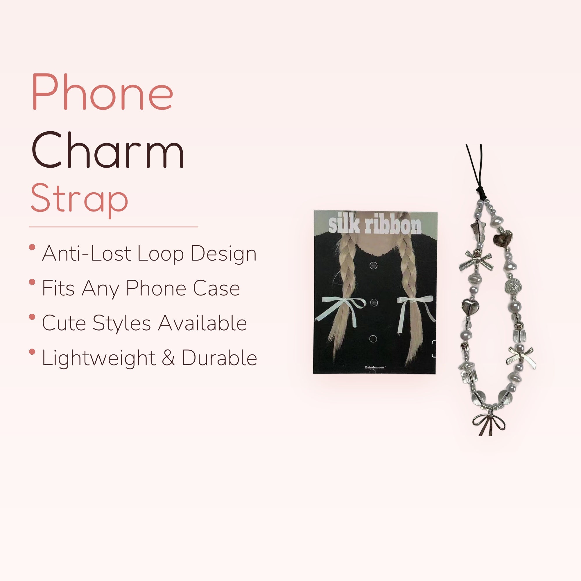 Aesthetic Pearl & Silver Charm Phone Strap | Cute Beaded Wrist Lanyard