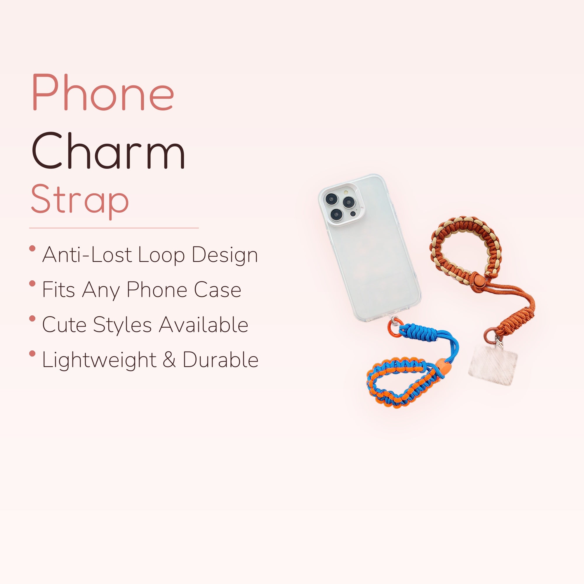 Braided Paracord Phone Charm Wristlet | Aesthetic Orange & Blue Phone Lanyard