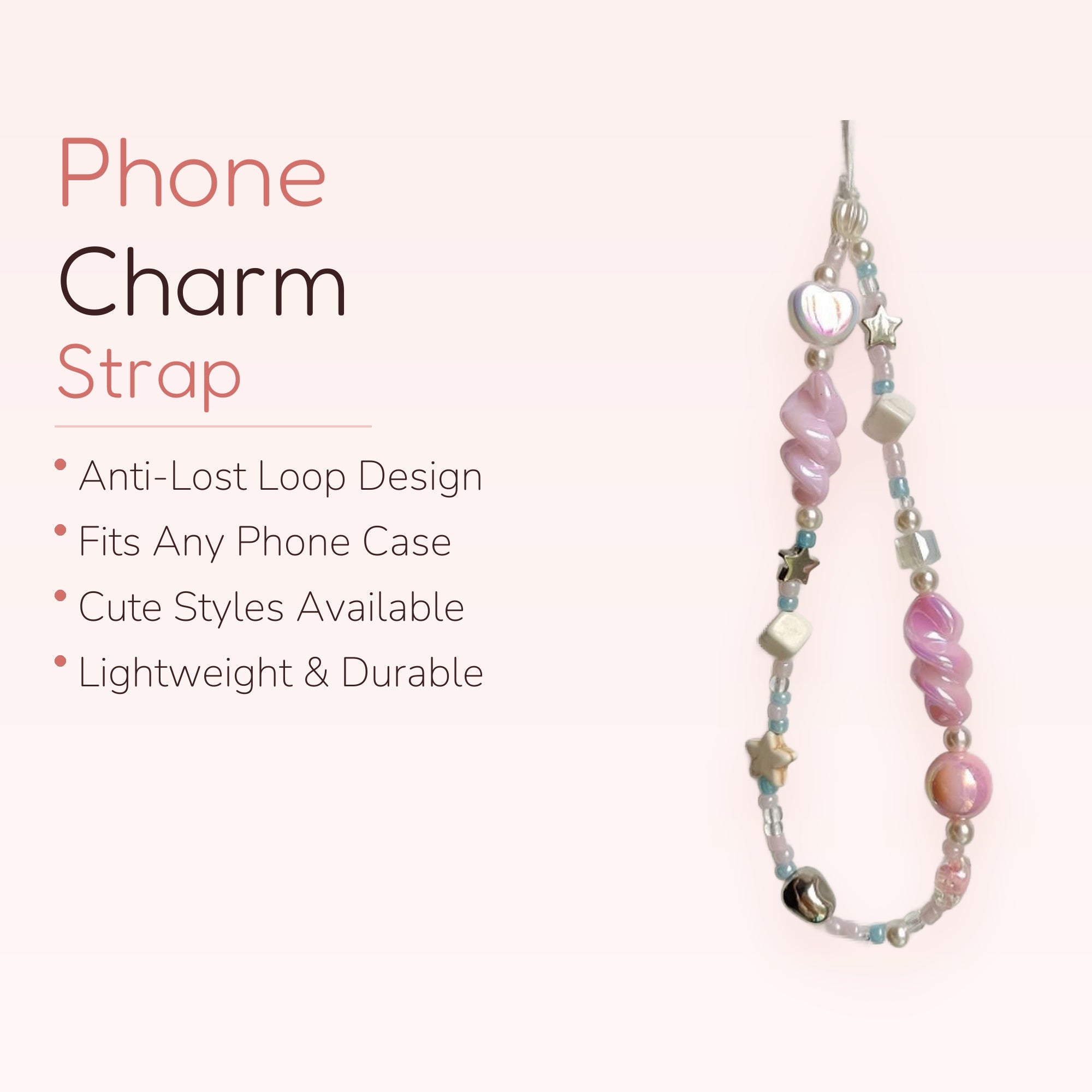 SIMPLYBUBBI — Pink Swirl & Star Beaded Phone Chain | Iridescent Heart Lanyard
