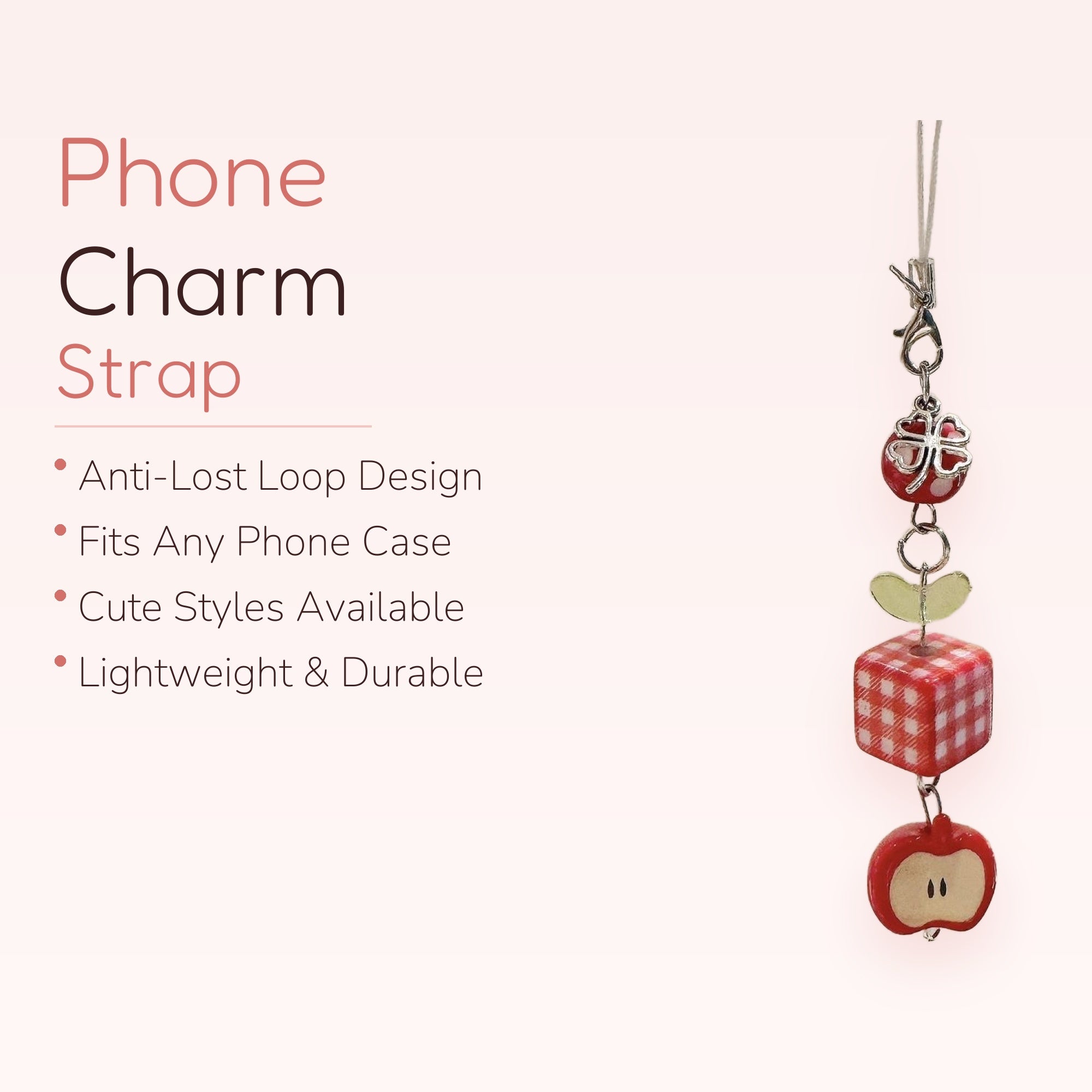 Cute Red Gingham & Apple Phone Charm | Kawaii Fruit & Clover Lanyard