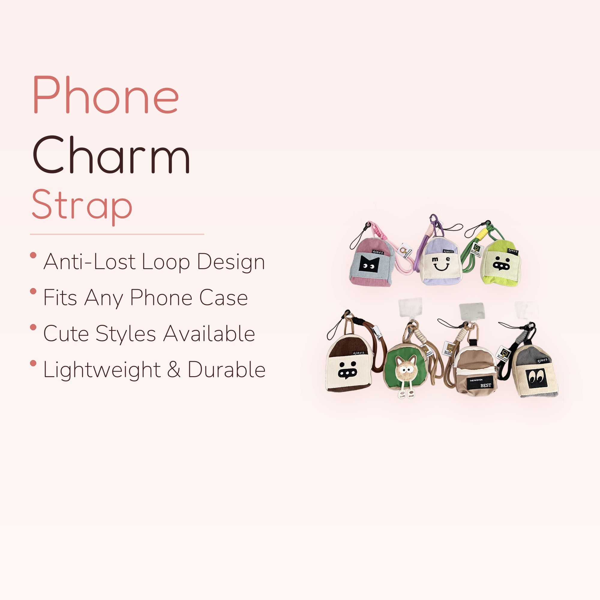 Kawaii Mini Backpack Phone Charm Straps | Corduroy Cartoon Face Wrist Lanyards