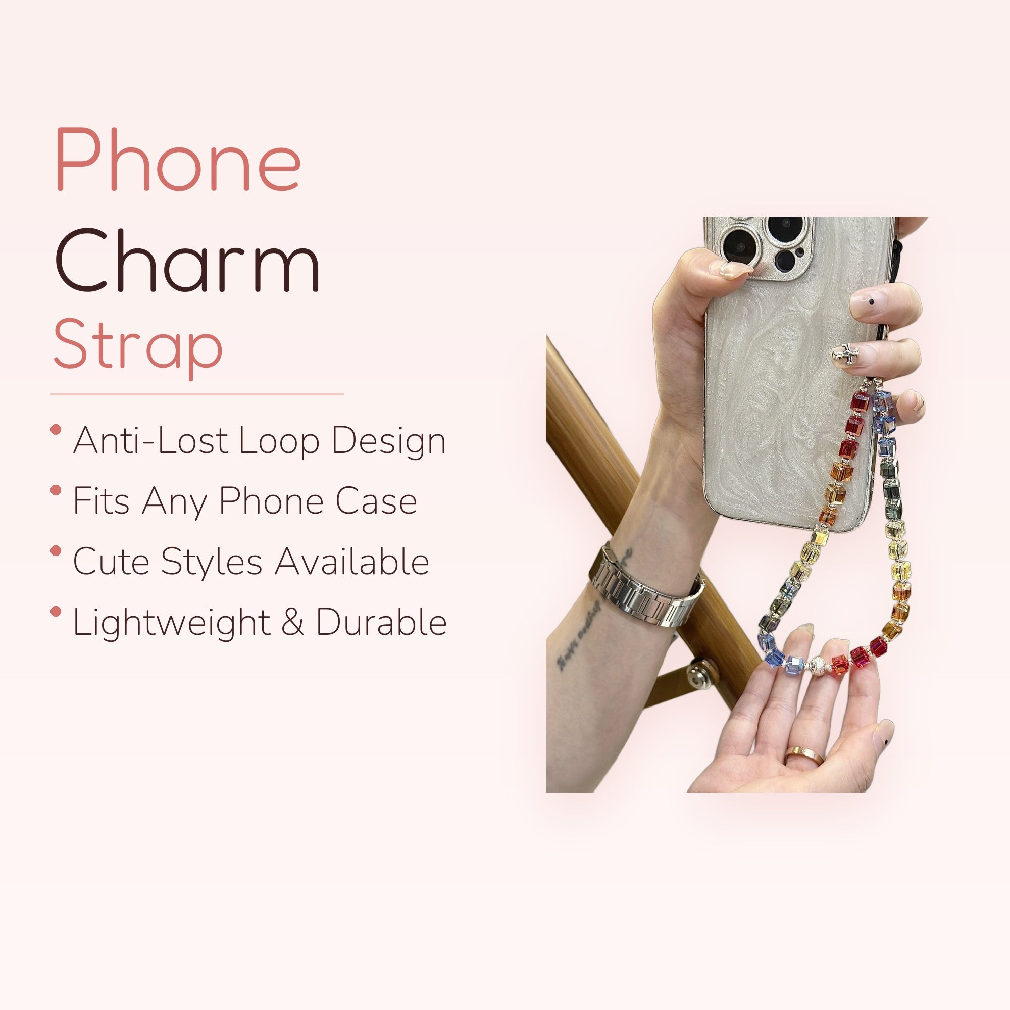 Aesthetic Rainbow Cube Crystal Phone Charm | Colorful Beaded Wrist Strap Lanyard