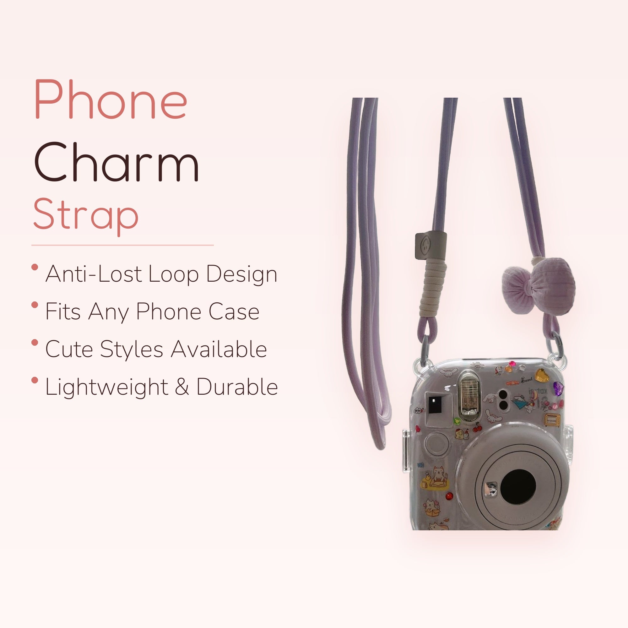 Kawaii Pastel Purple Camera Lanyard | Cute Bow & Sticker Instax Mini Strap