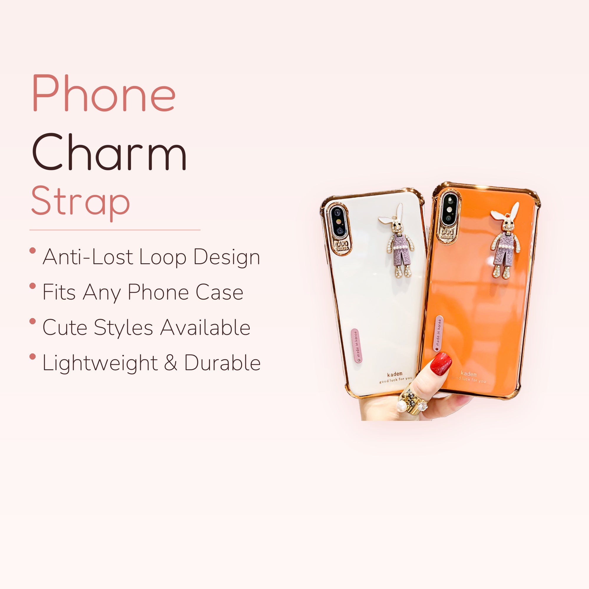 Cute Bunny Phone Charm Strap | Crystal Kawaii Phone Lanyard
