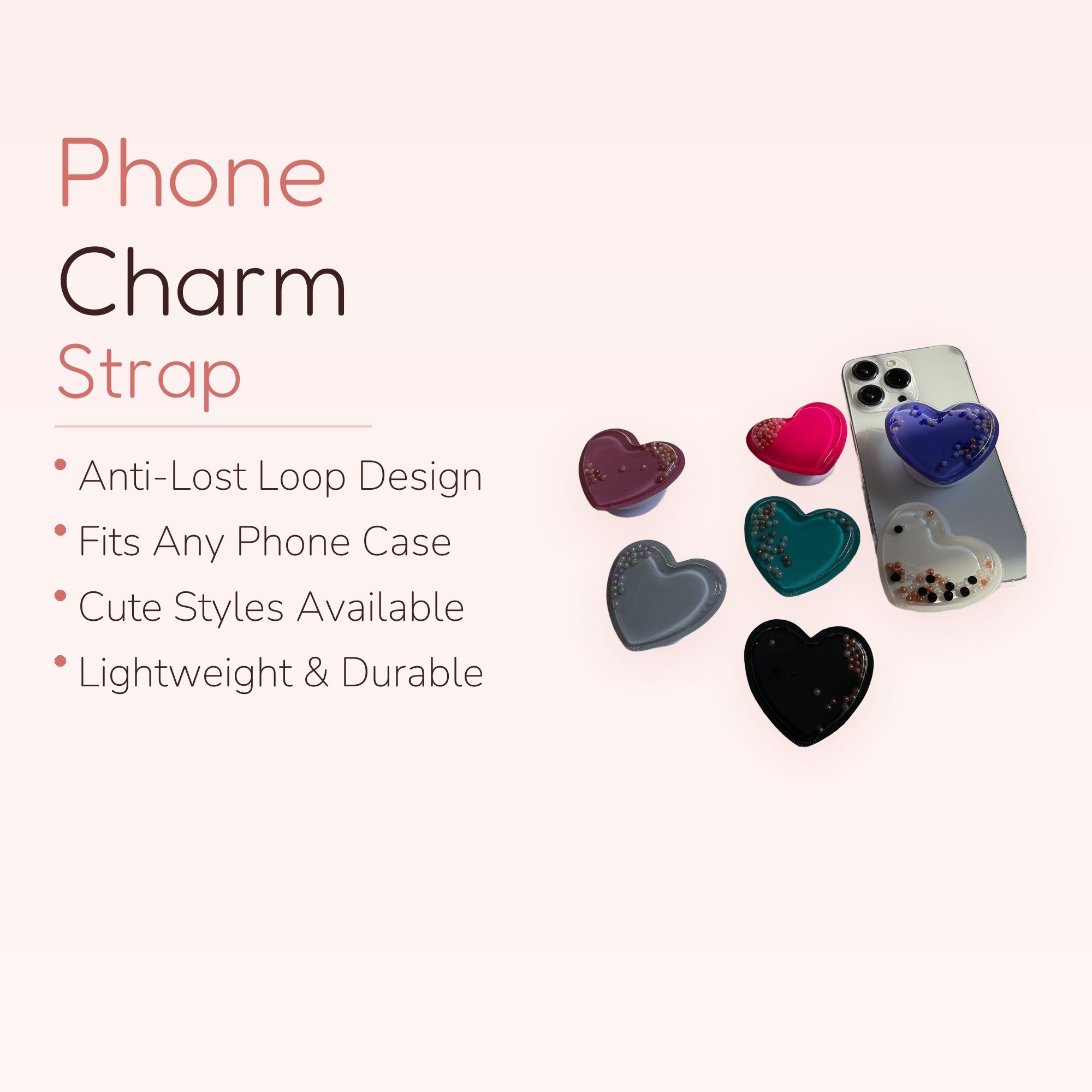 Cute Heart Phone Grip with Shimmering Beads | Kawaii Phone Stand