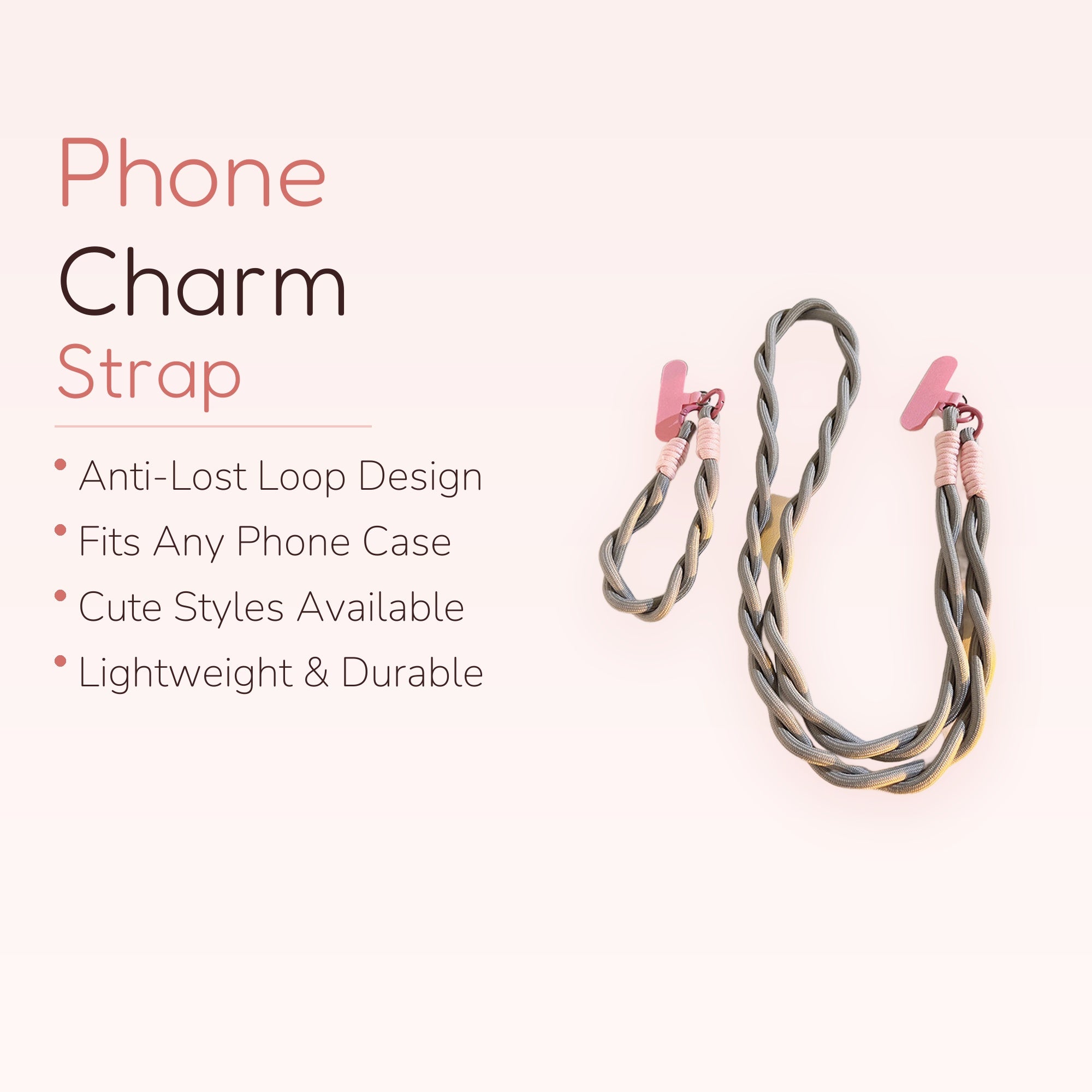 Braided Grey & Pink Phone Lanyard | Cute Wrist Strap for Phone