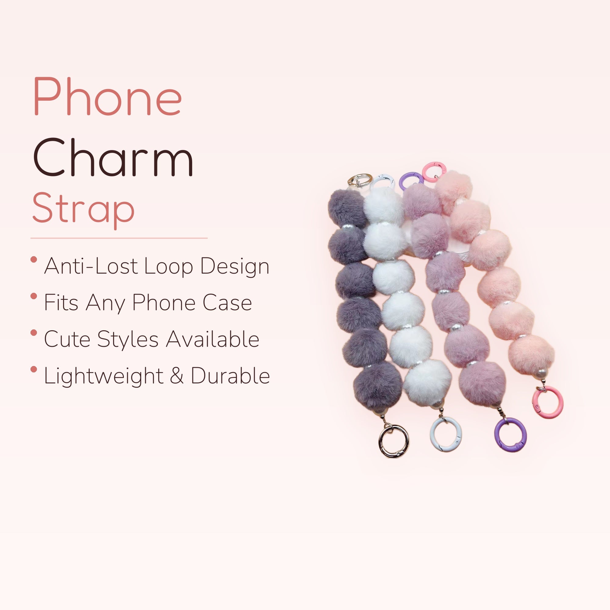 Fluffy Pom Pom Phone Charm | Pastel Faux Fur Pearl Keyring Lanyard