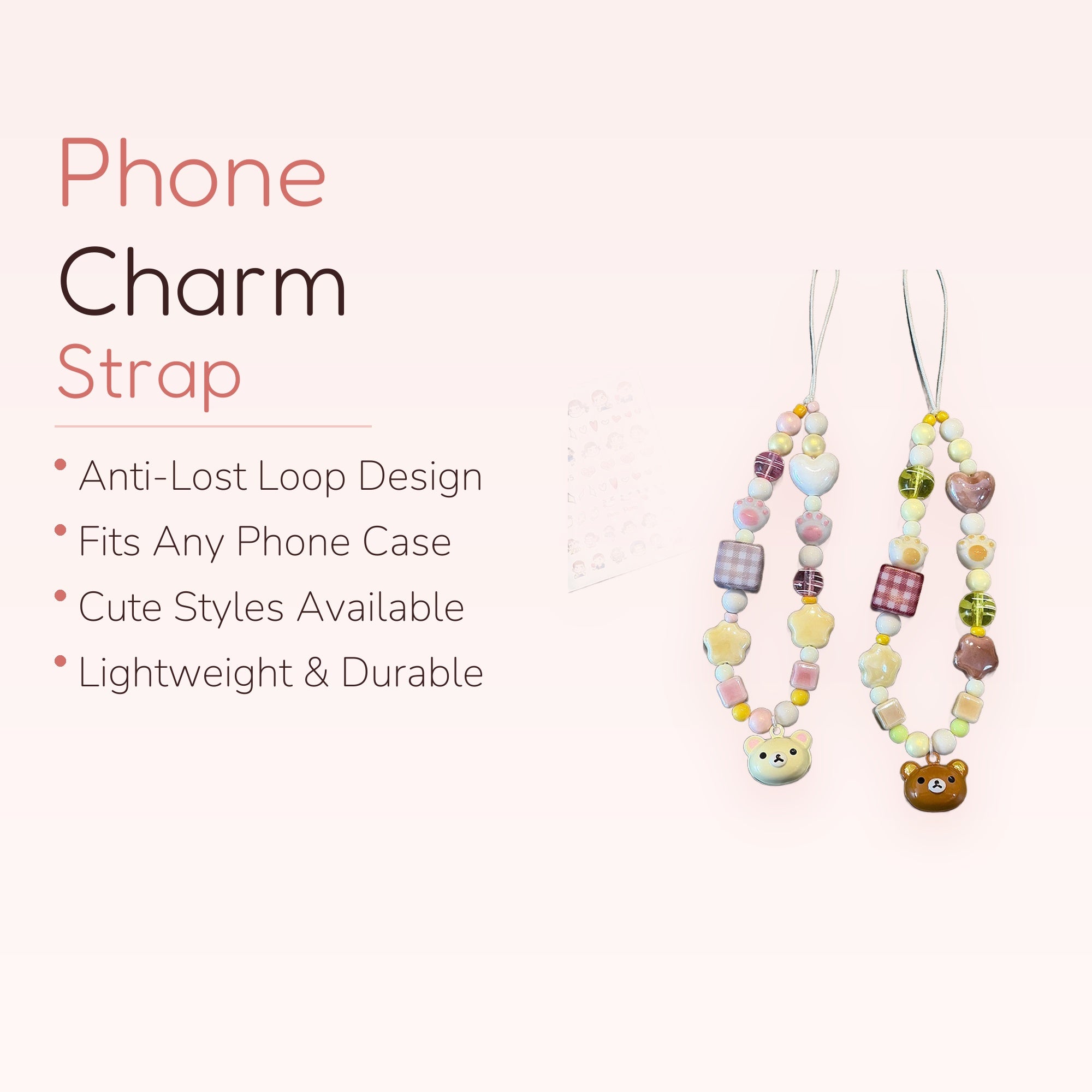 SIMPLYBUBBI — Pastel Bear & Gingham Heart Phone Strap | Kawaii Wrist Lanyard