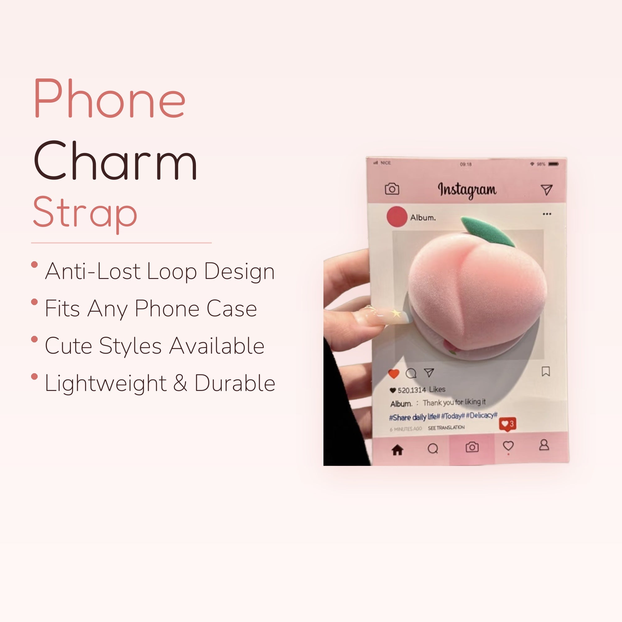 Fluffy Pink Peach Phone Grip | Kawaii Pop Socket Stand for Girls