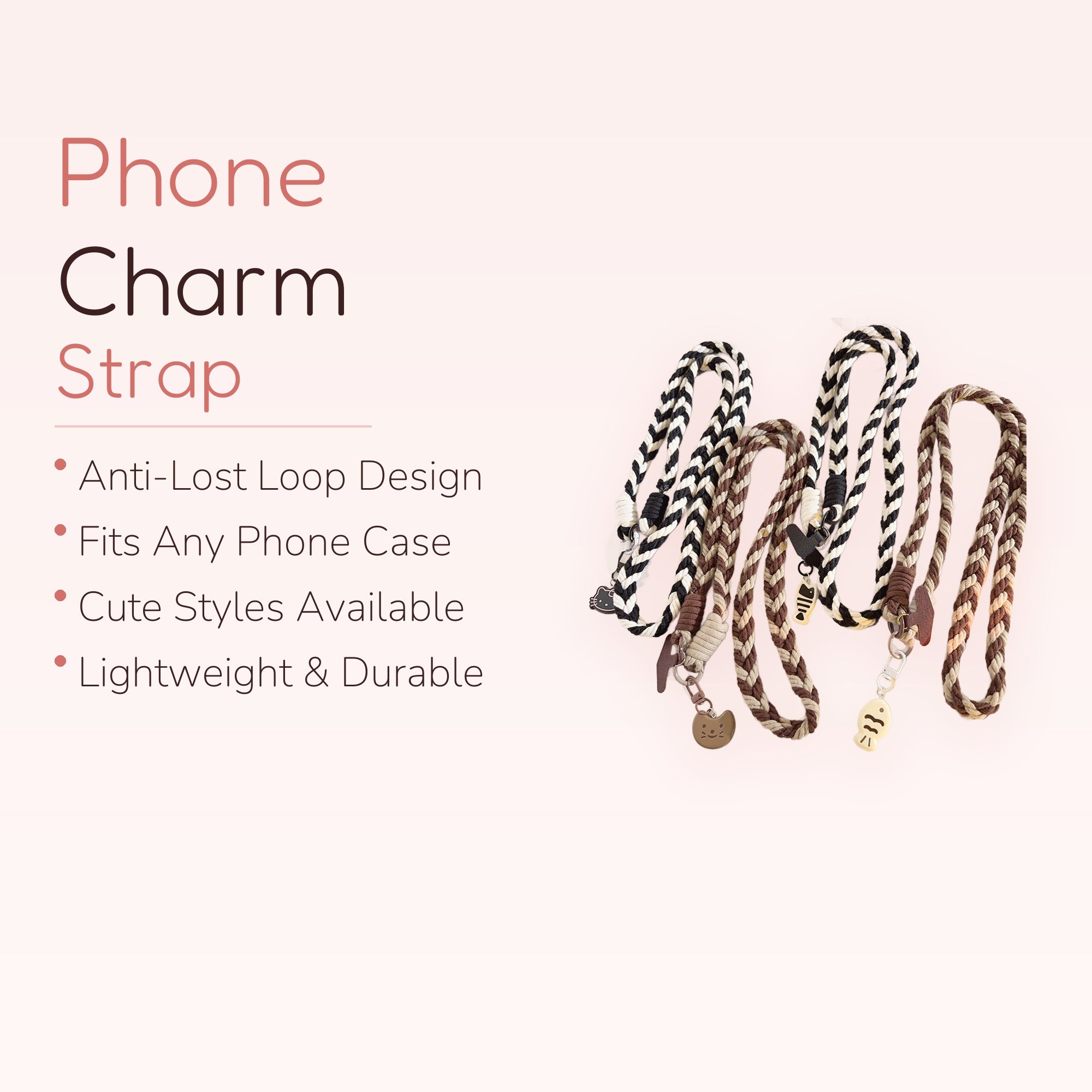Braided Rope Phone Charm Lanyard | Cute Cat & Fish Keychain Strap