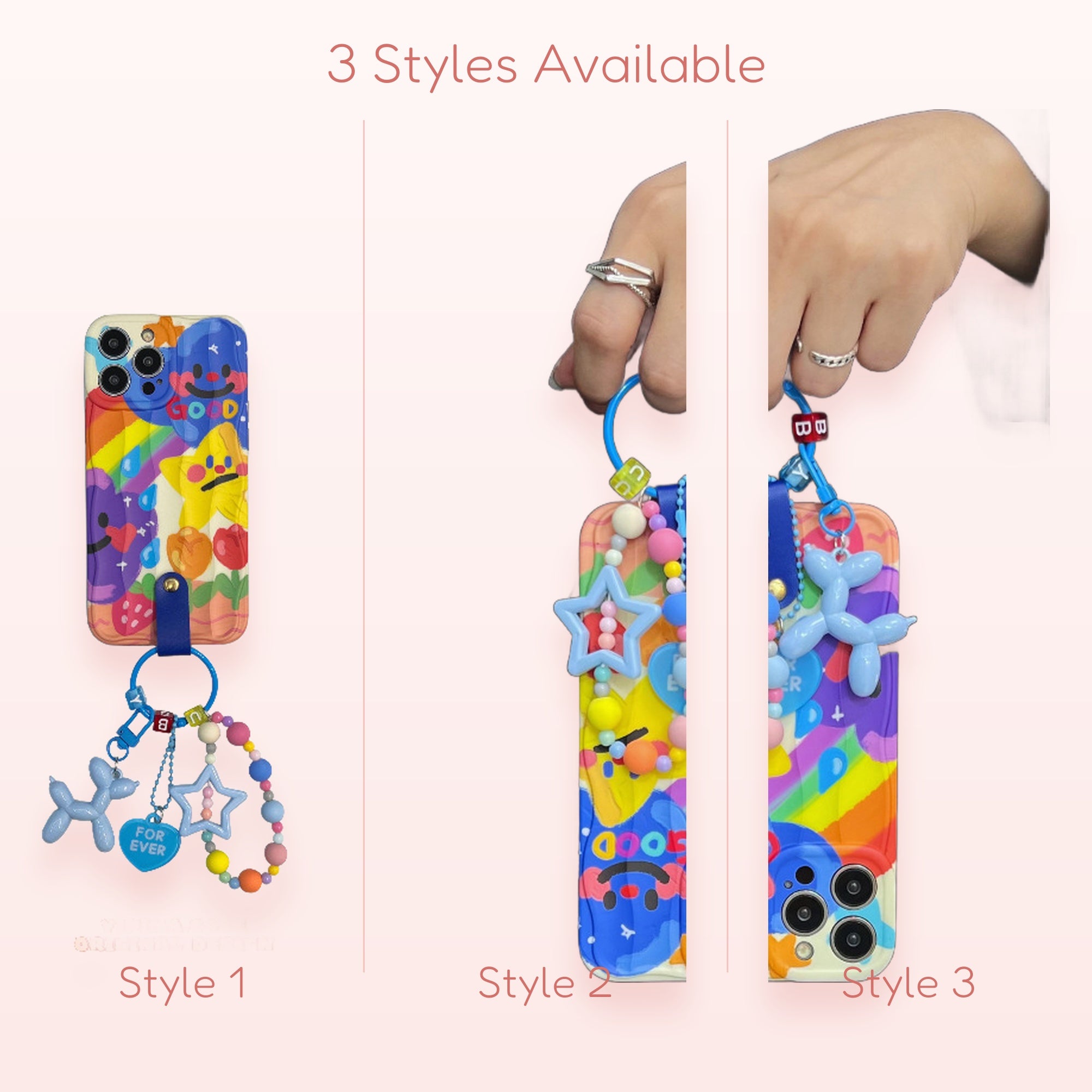 Kawaii Rainbow Doodle Phone Charm Strap | Cute Balloon Dog & Star Beaded Lanyard